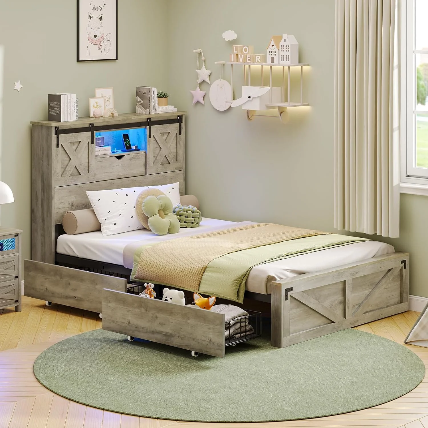 Twin XL Size Bed Frame with Headboard and Drawers, Farmhouse Twin XL Platform Bed Frame with LED Lights and Charging Station, No Box Spring Needed,Gray(Twin-XL) - Image 8