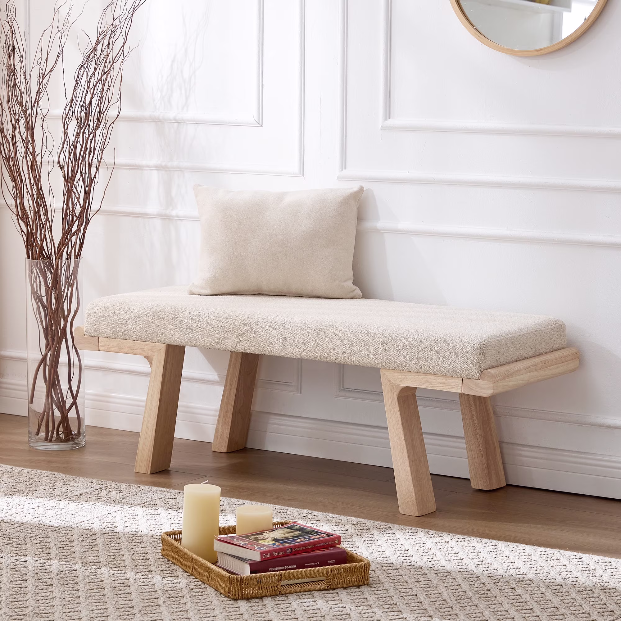47.4" Linen Upholstered Bench, Entryway Bench with Solid Wood Legs, Modern Ottoman Bench for Living Bedroom Room, Beige(Beige)