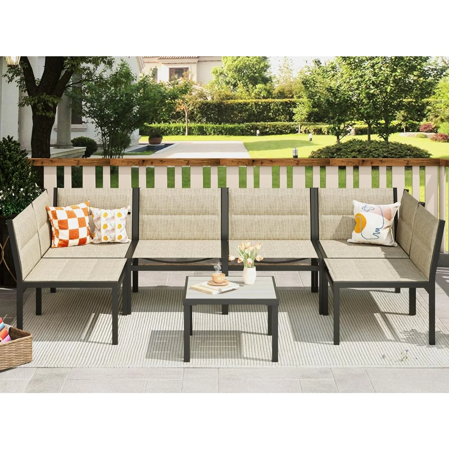 AECOJOY 7 Pieces Outdoor Sectional Furniture Textilene Fabric Outdoor Conversation Sets, Yellow