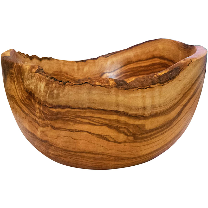 Olive Wood Rustic Fruit Bowl, 9 Inch Wide Olive Wood with Burled Grain and Semi Bark Edge