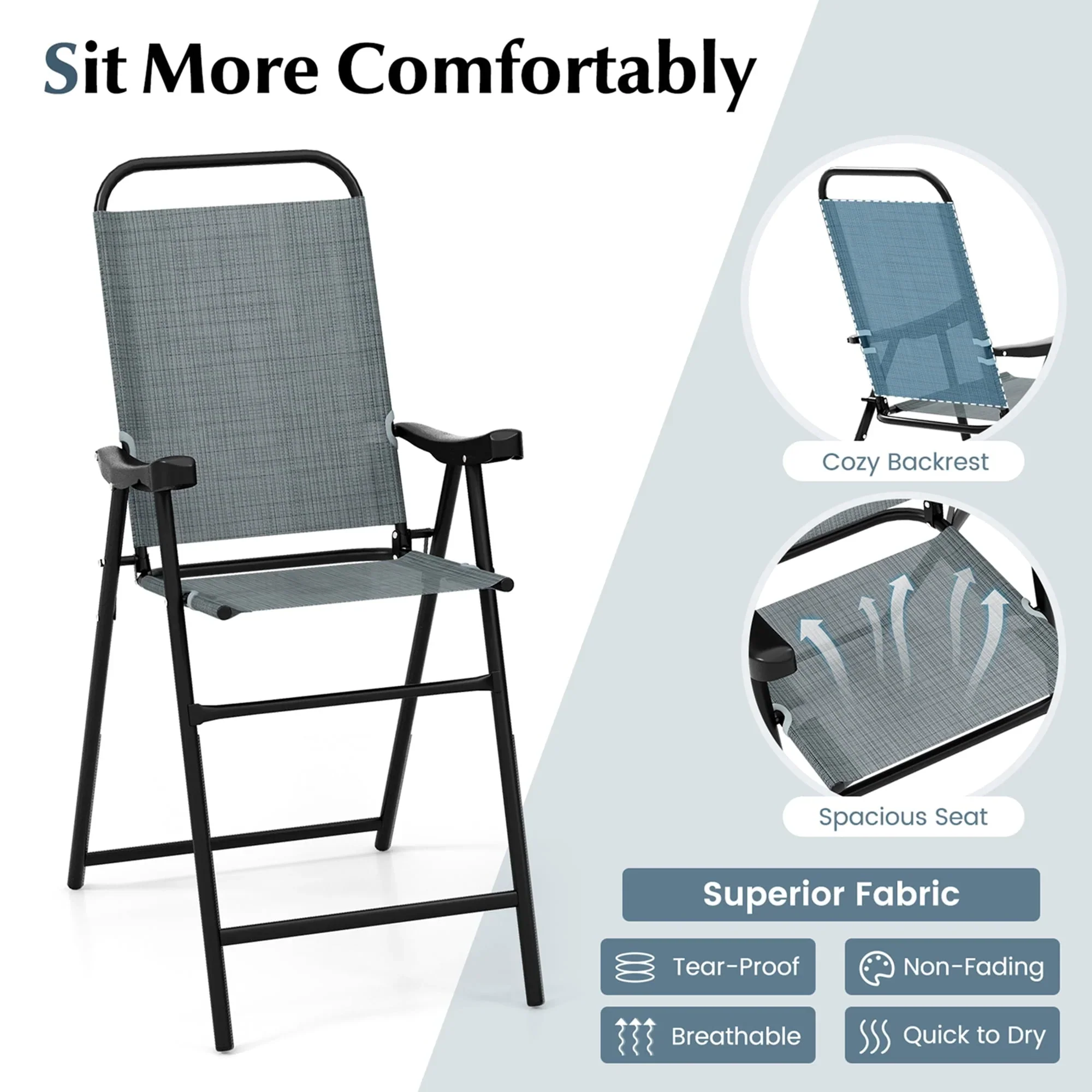 Costway 2 PCS Patio Bar Chair Folding Bar Height Metal Frame with Footrest Garden Blue