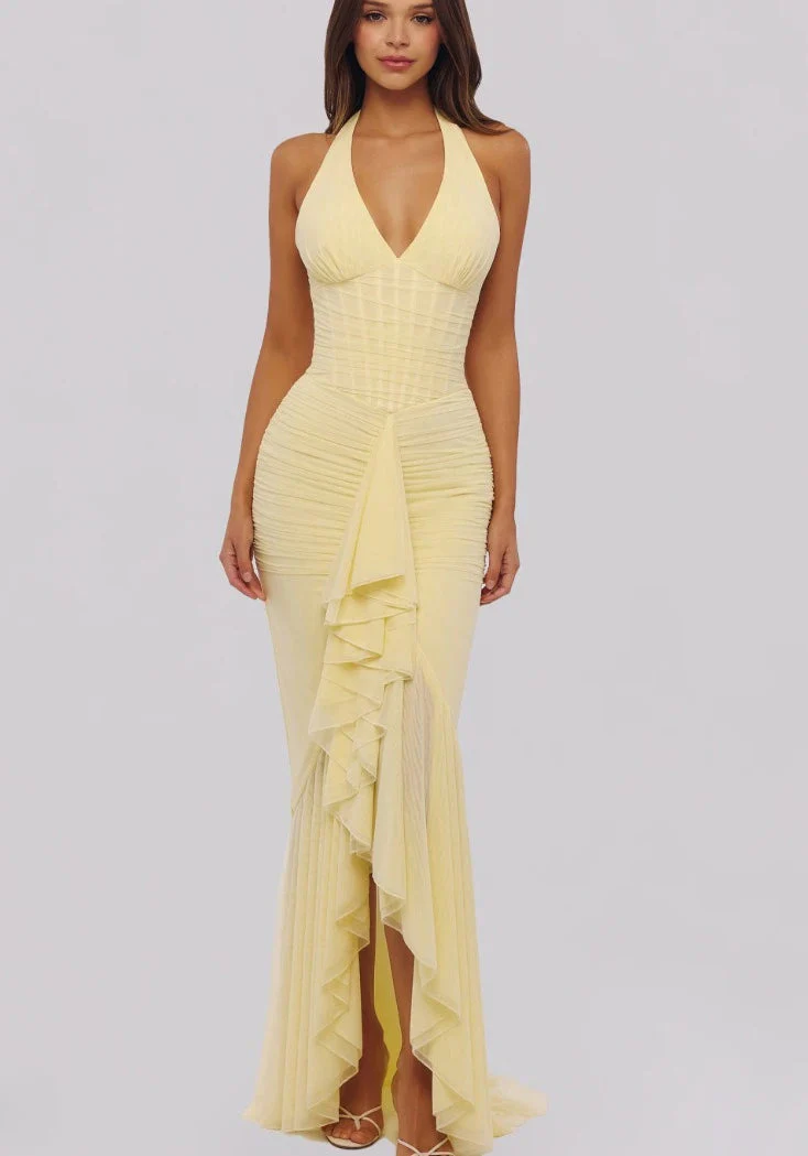 Robe longue Soleya à col licou froncée pour invités de mariage