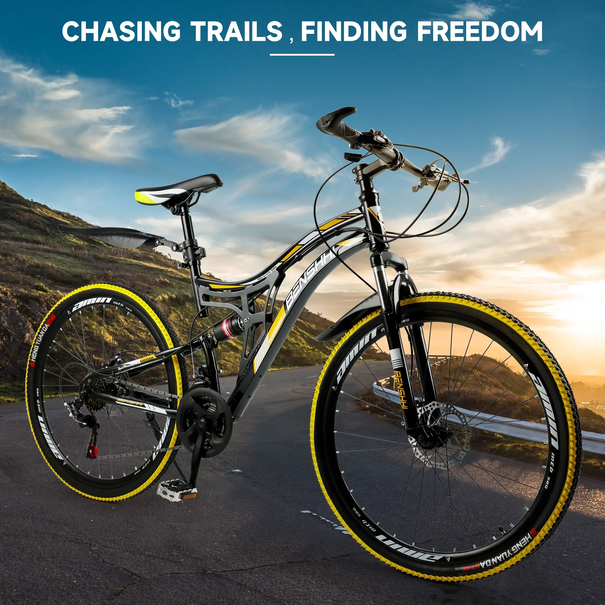ARTUDATECH Full Suspension Mens Mountain Bike, Shimano 21 Speed, 26 Inch Wheel, Dual Disc Brake Bike for Men Womens Teen Adult Bicycle Thumb Shifter With Bike Lock And Air Pump