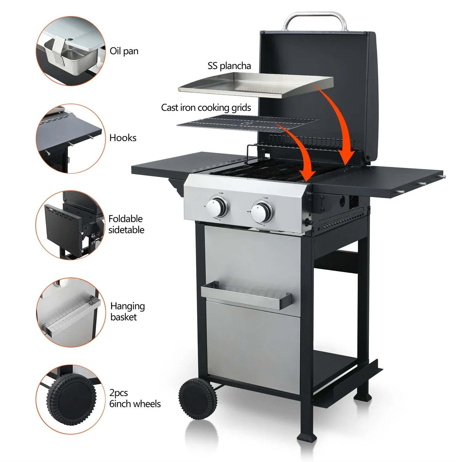 HighSound 2-Burner Propane Gas Grill, 24600 BTU Patio Garden Barbecue Grill with Stainless Steel Tray, Wire Enamel Cooking Grids & Foldable Shelves, Black