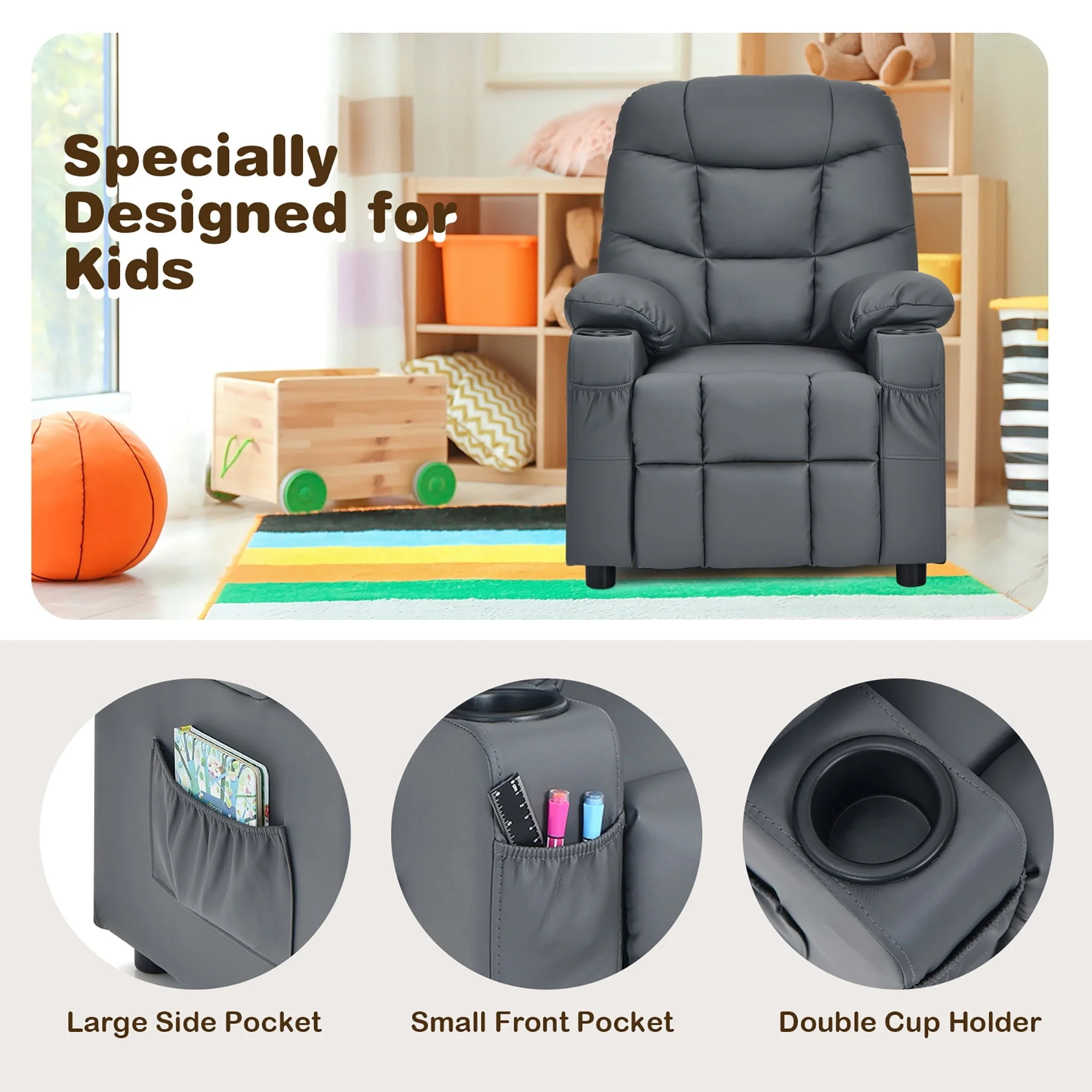 Kids Youth Recliner Chair PU Leather w/Cup Holders Side Pockets Grey(Beige) - Image 10