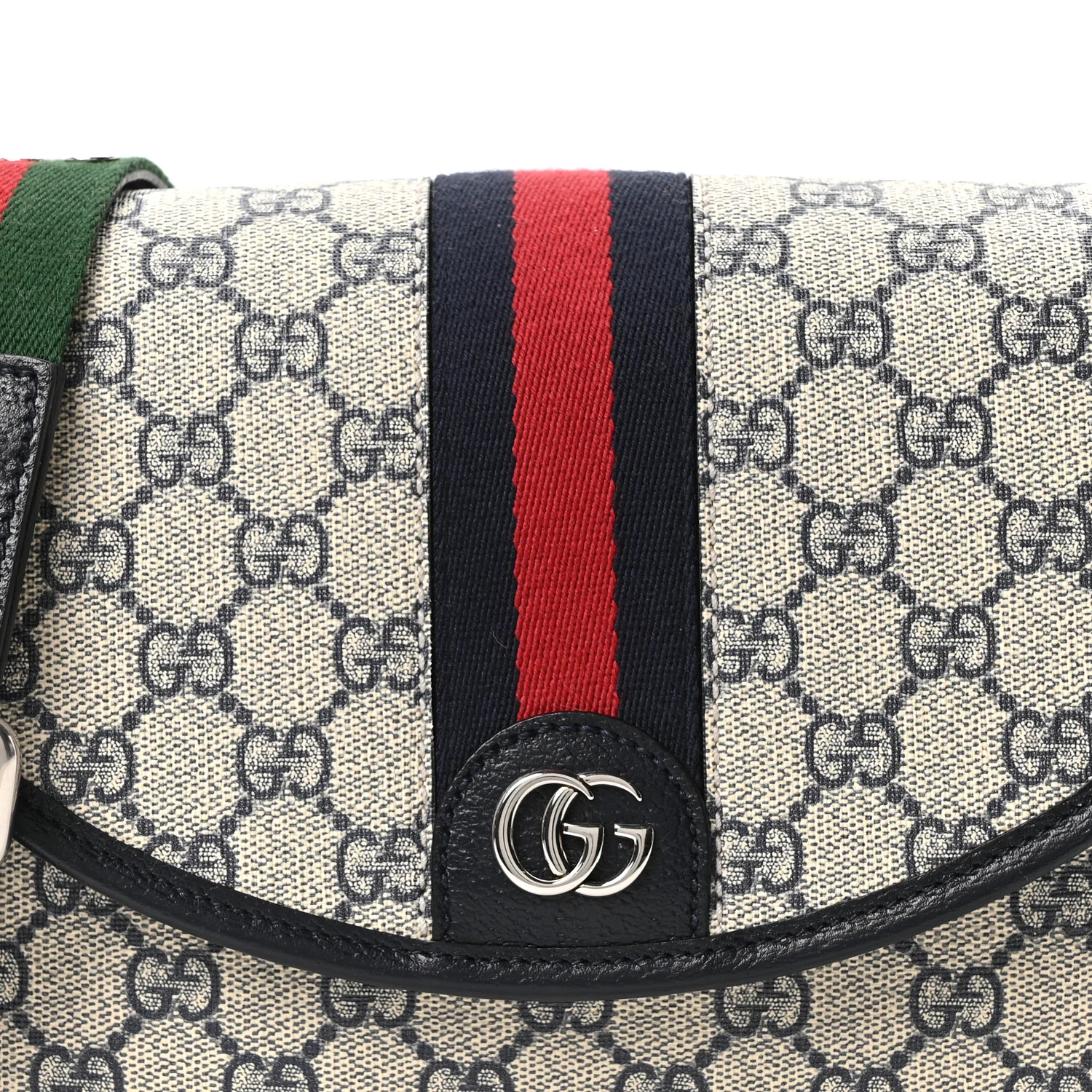 GG Supreme Monogram Textured Dollar Calfskin Web Studded Mini Ophidia Flap Shoulder Bag Beige Blue
