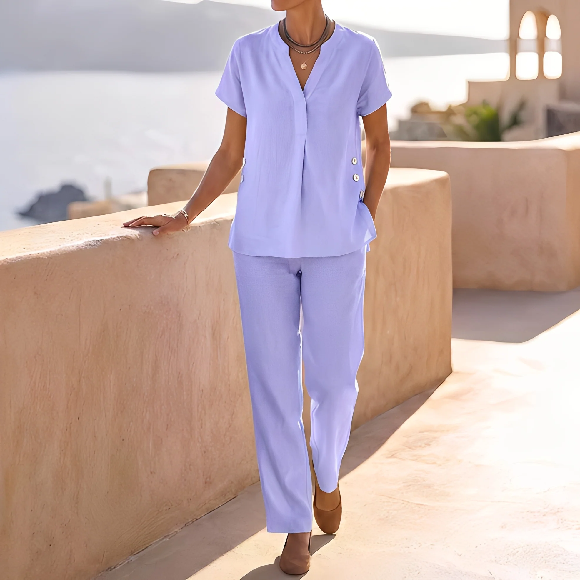 Khena - Tenue d'été décontractée avec col en V pour femme