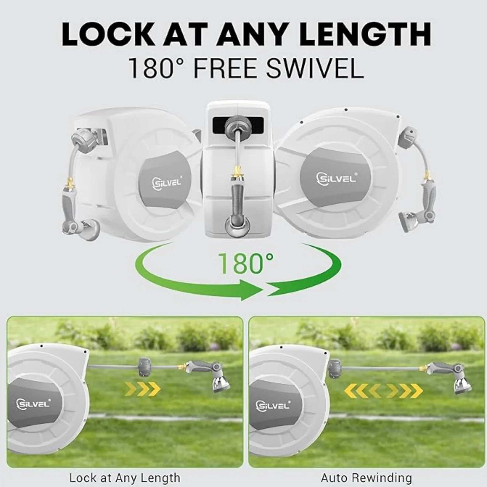 Gewna 1/2 in x 100 ft Retractable Wall Mounted Garden Hose Reel with 10 Pattern Nozzle, Any Length Lock, Slow Return System, 180��Swivel Bracket