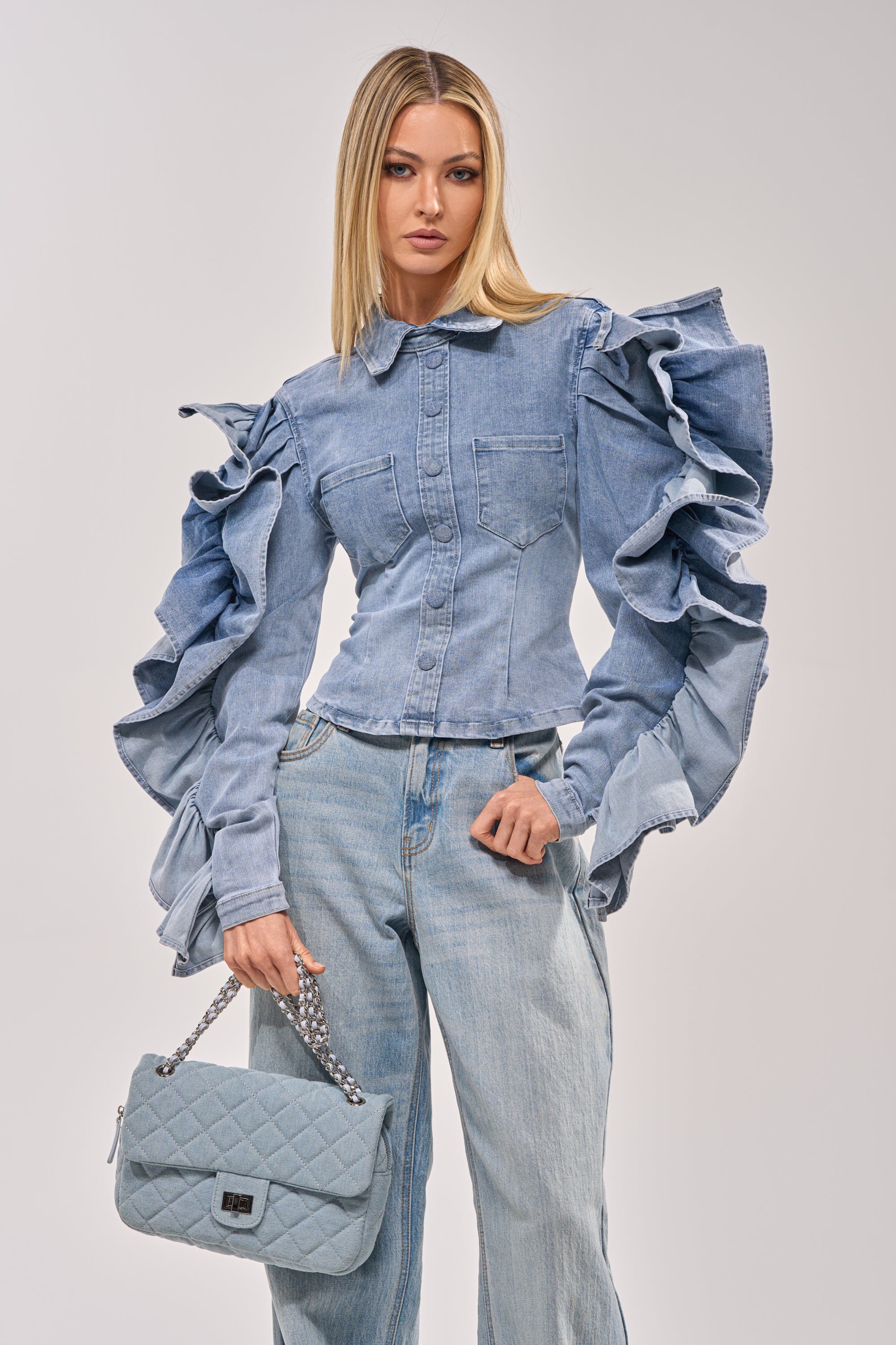 DREA RUFFLE SLEEVE DENIM BUTTON DOWN - Akira Store