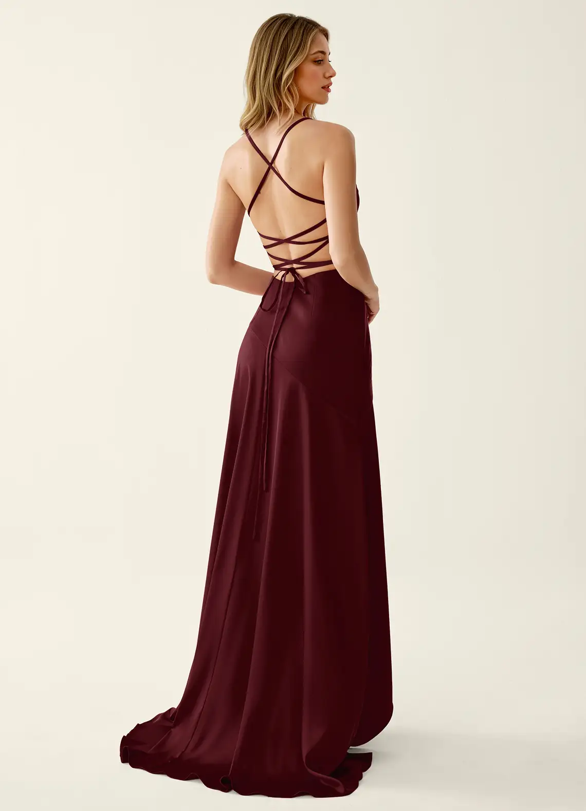 Annabella Rose Wine Satin Lace Up Back Prom Dress
