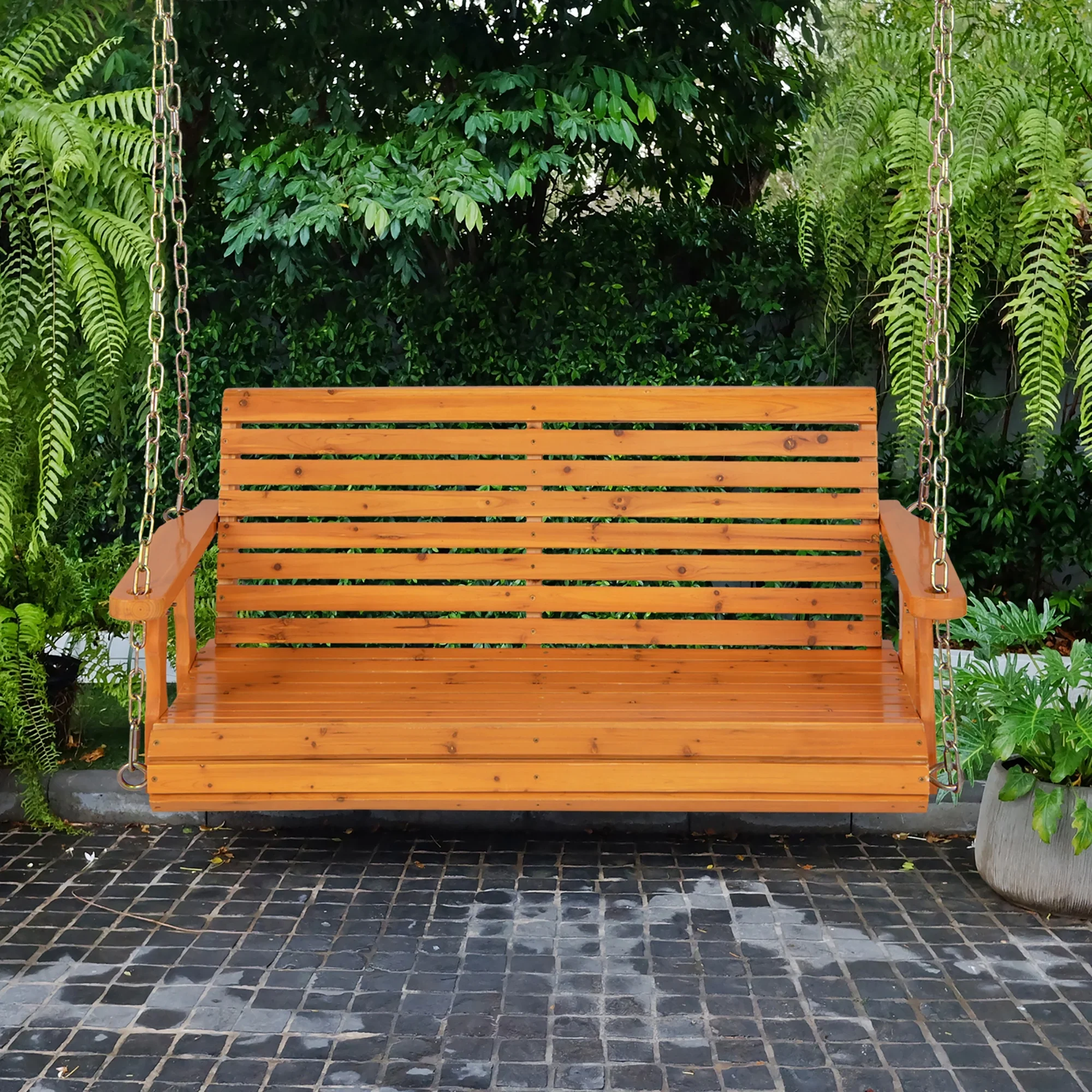 Costway Porch Swing Wood Outdoor Patio Hanging Bench Chair for Garden Backyard orange