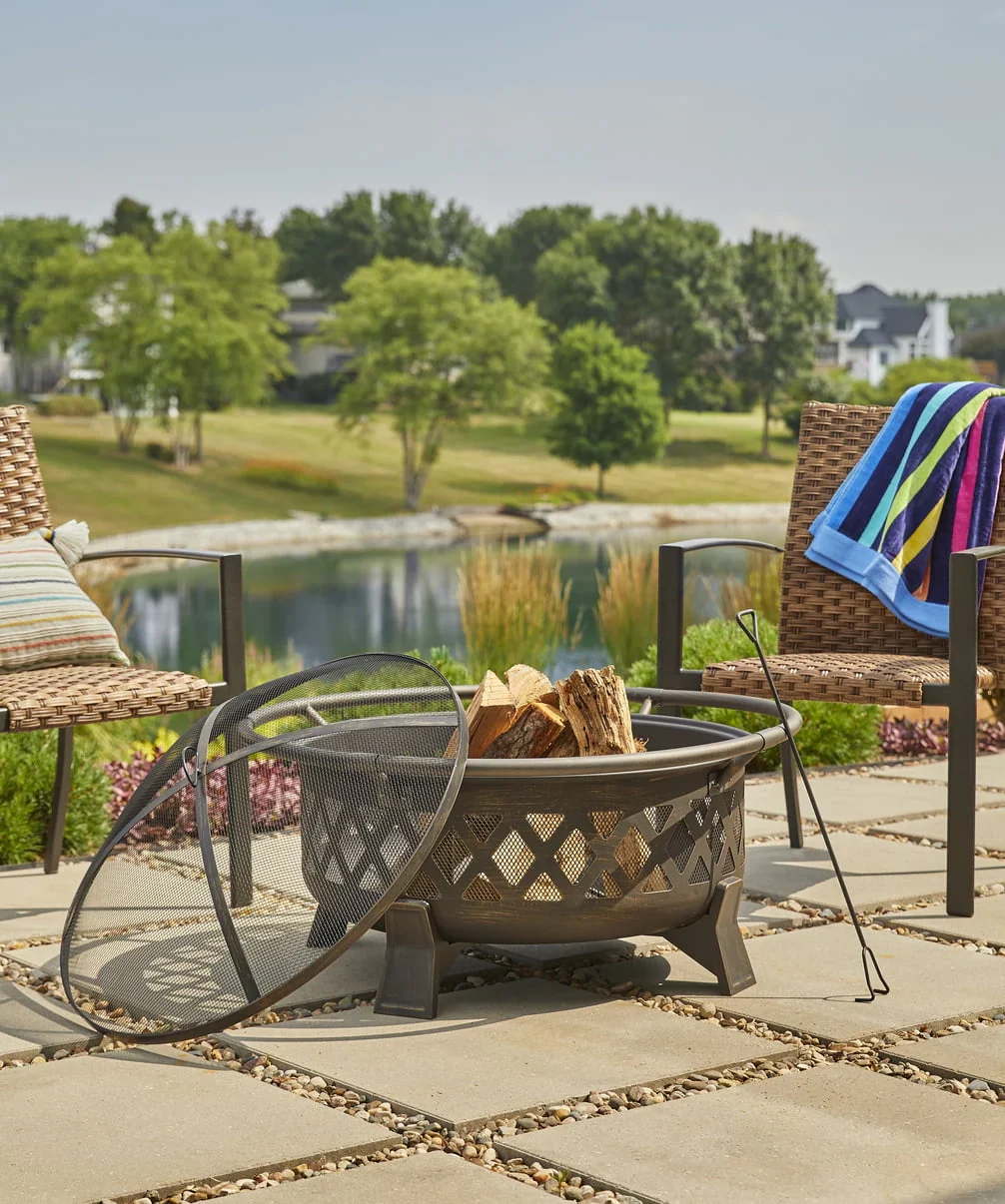 Better Homes & Gardens 35 Round Lattice Wood Burning Fire Pit with Cover, Antique Bronze