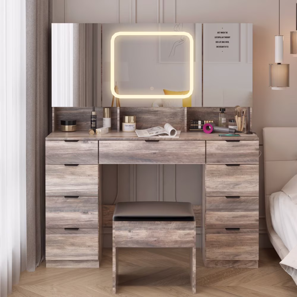 Vanity Desk Set with Large LED Lighted Mirror Power Outlet, Makeup Dressing Table with 9 Drawers and 3 Cabinets in Mirrored Doors, 47" Vanity Table with Cushioned Stool for Bedroom, Black(Black) - Image 5