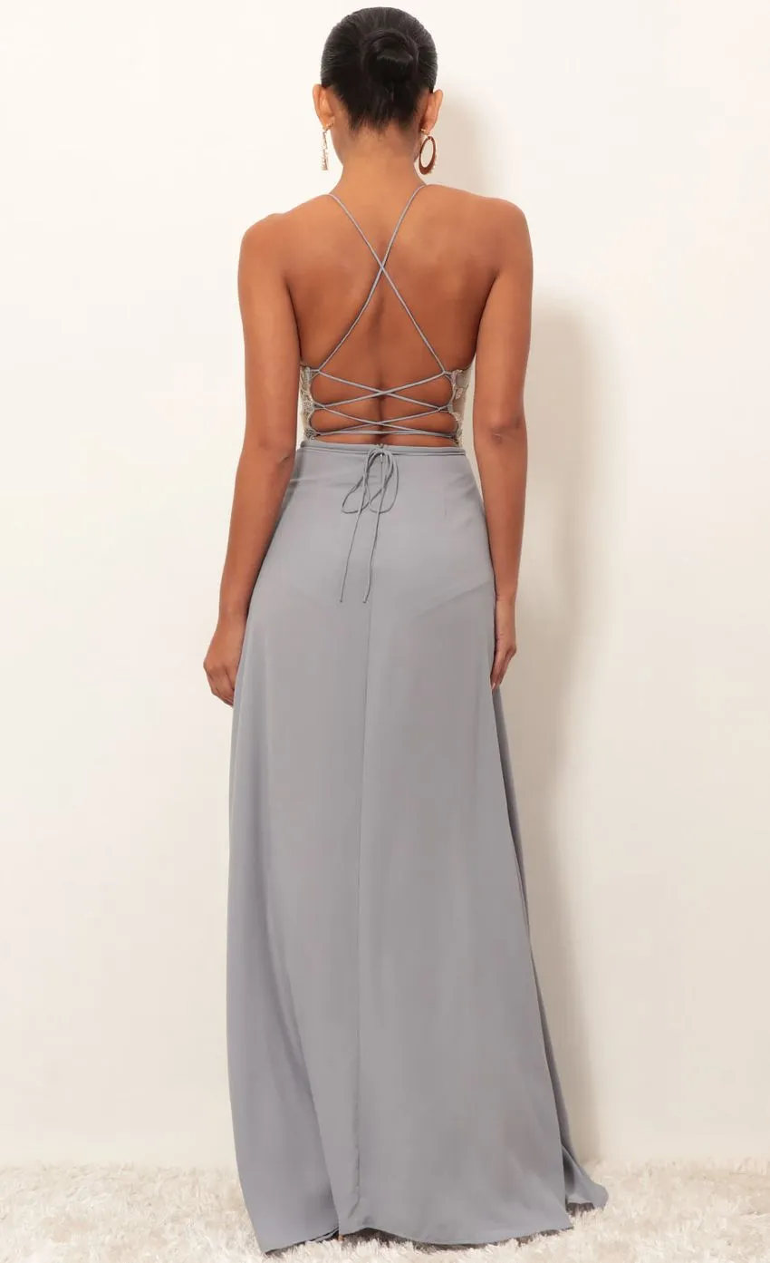 Gold Lace Maxi Dress in Grey