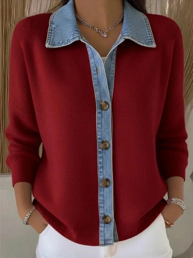 Pull en maille avec col en jean effet superposé