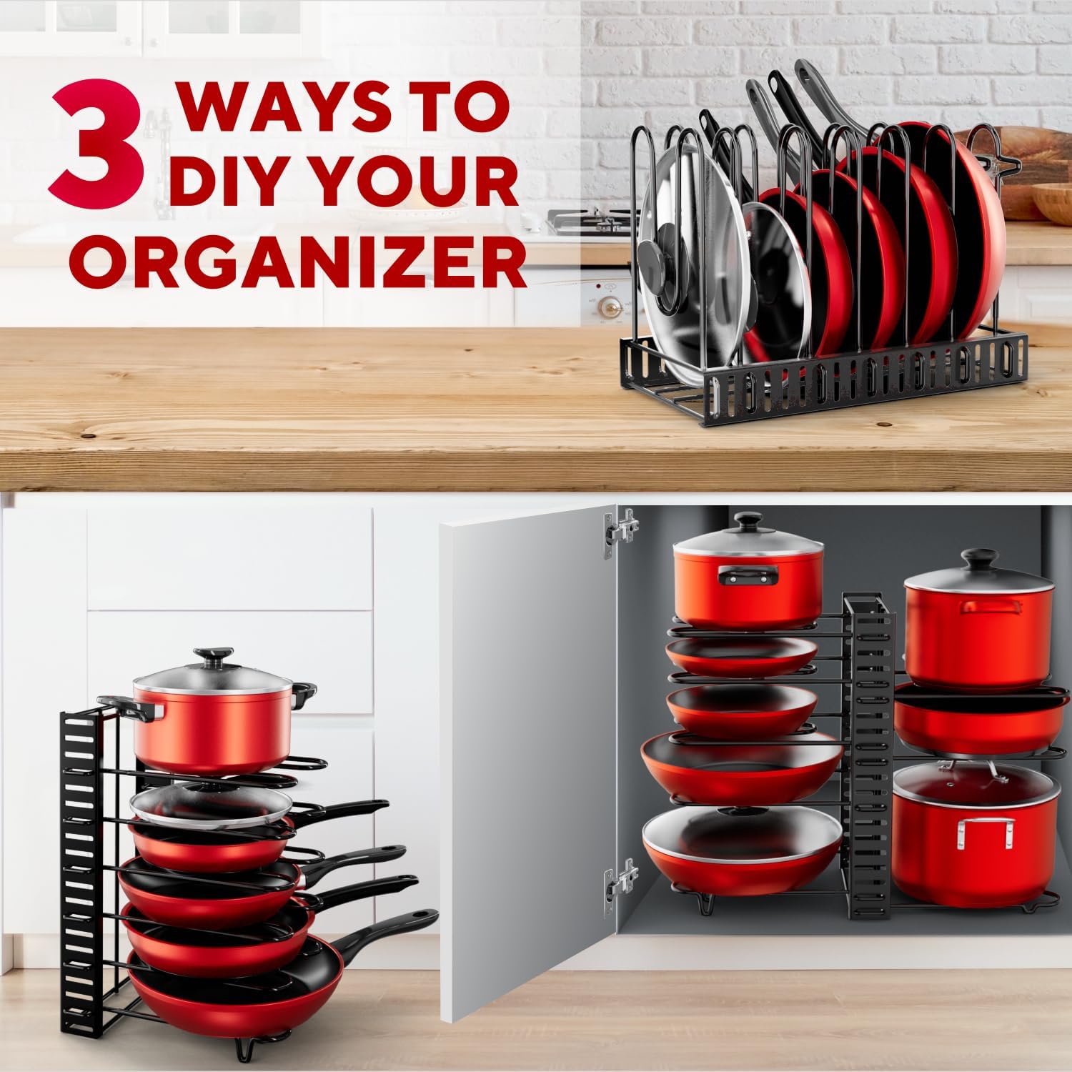 Pots and Pans Organizer Under Cabinet - 8-Tier Adjustable Pan Organizer Rack for Cabinet - Heavy-Duty Pot & Pan Organizer - Perfect for Storing Pots, Pans, and Lids - Easy Kitchen Organization and Storage