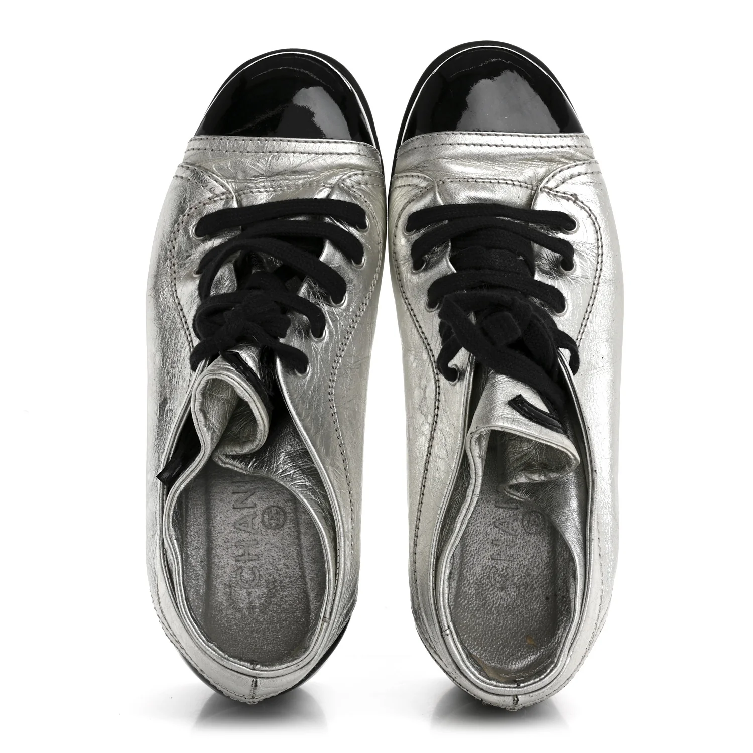 Metallic Lambskin Patent Cap Toe CC Sneakers 38.5 Silver Black