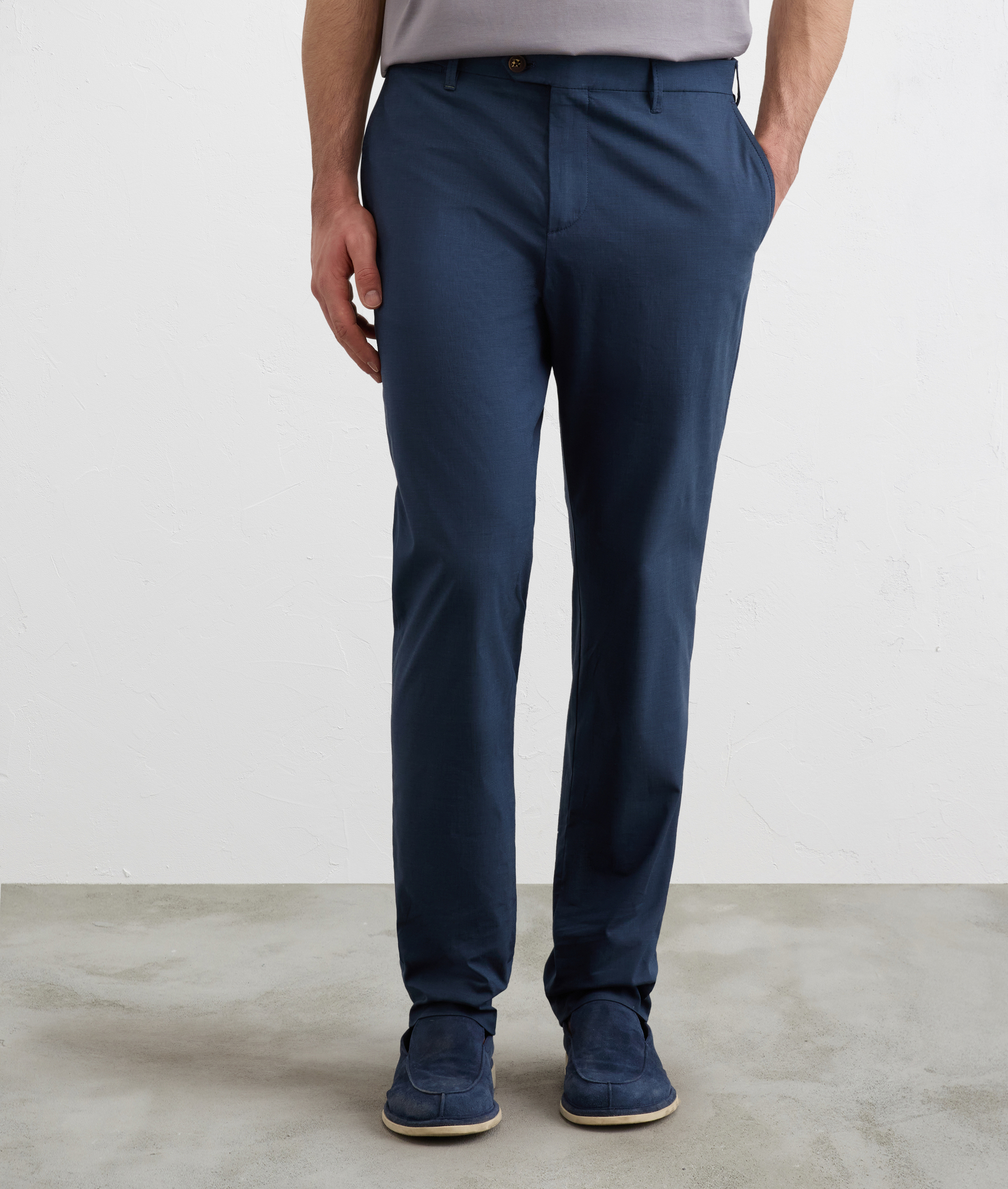 NAVY BLUE MICROSTRUCTURE COTTON AND ELASTANE FLAT FRONT CHINO