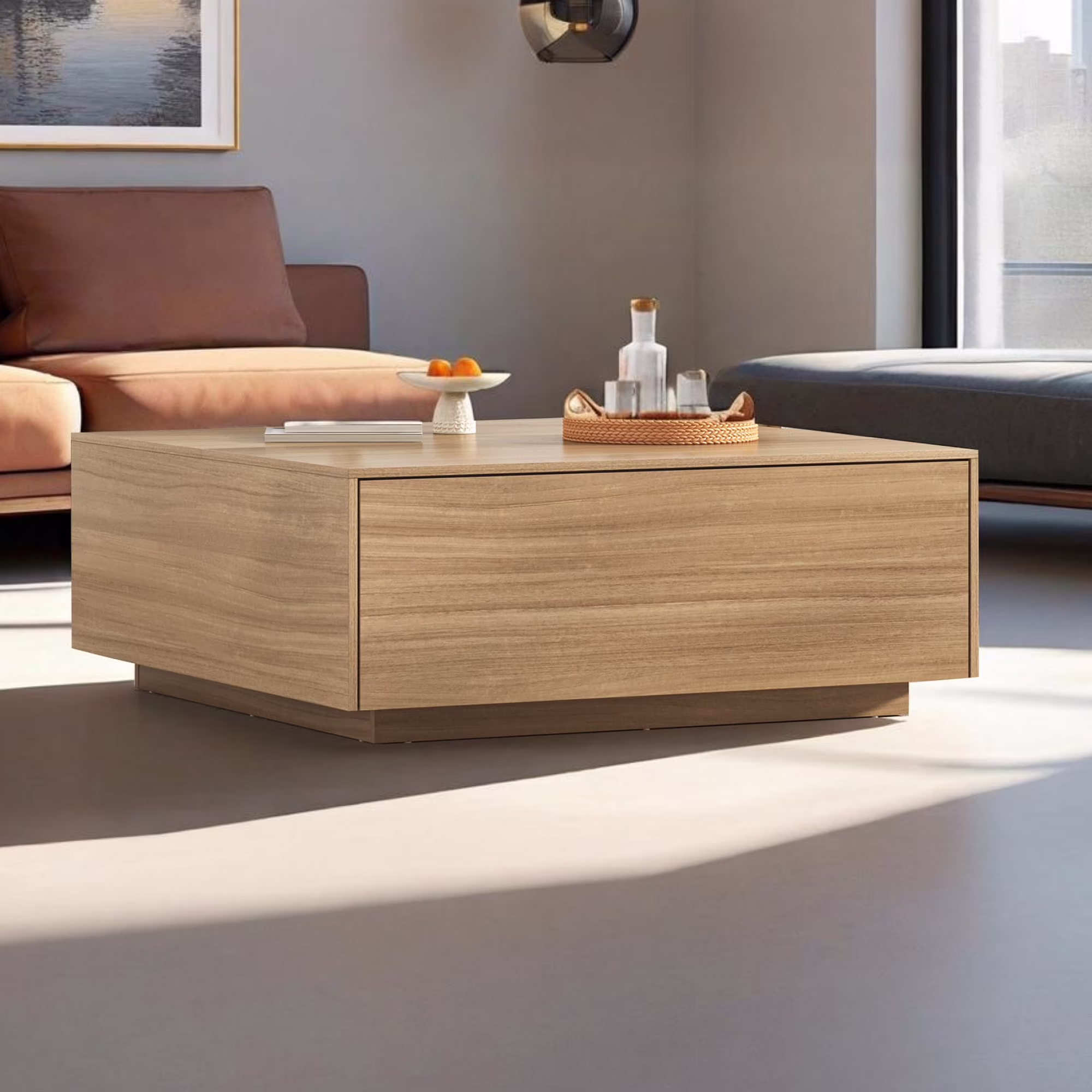 Square Coffee Table with 2 Large Drawers, 43" Mid Century Modern Coffee Table with Storage, Wood Cocktail Table Center Table with Storage for Living Room, Wood Grain(43"/Light Brown)