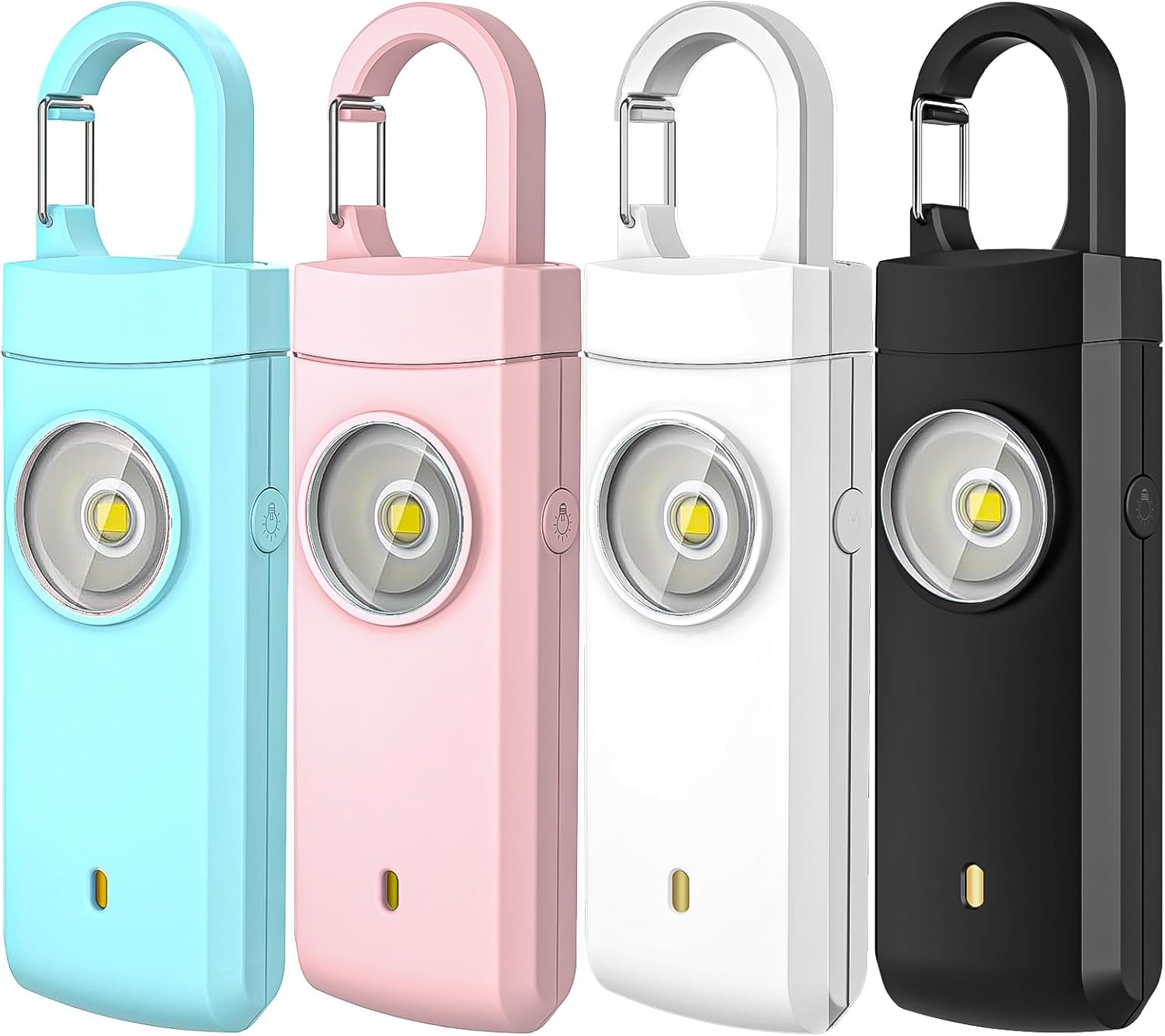 4 Pack Personal Safety Alarm, 130dB Rechargeable Self Defense Siren with LED Strobe Light, USB-C Emergency Keychain Alarm for Women Kids Elderly, 4 Colors (Aqua/Black/Pink/White)