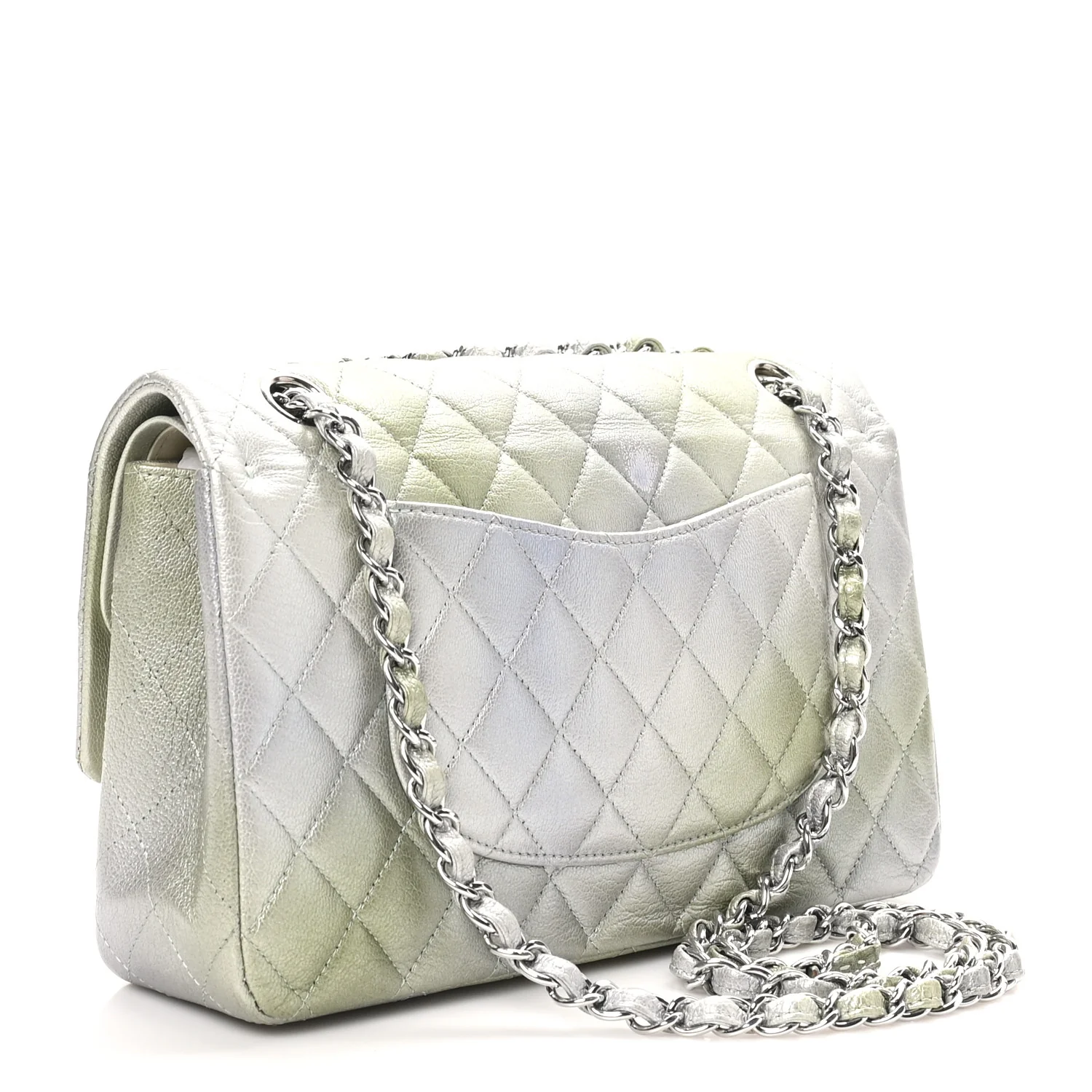 Metallic Goatskin Quilted Ombre Medium Double Flap Grey Green