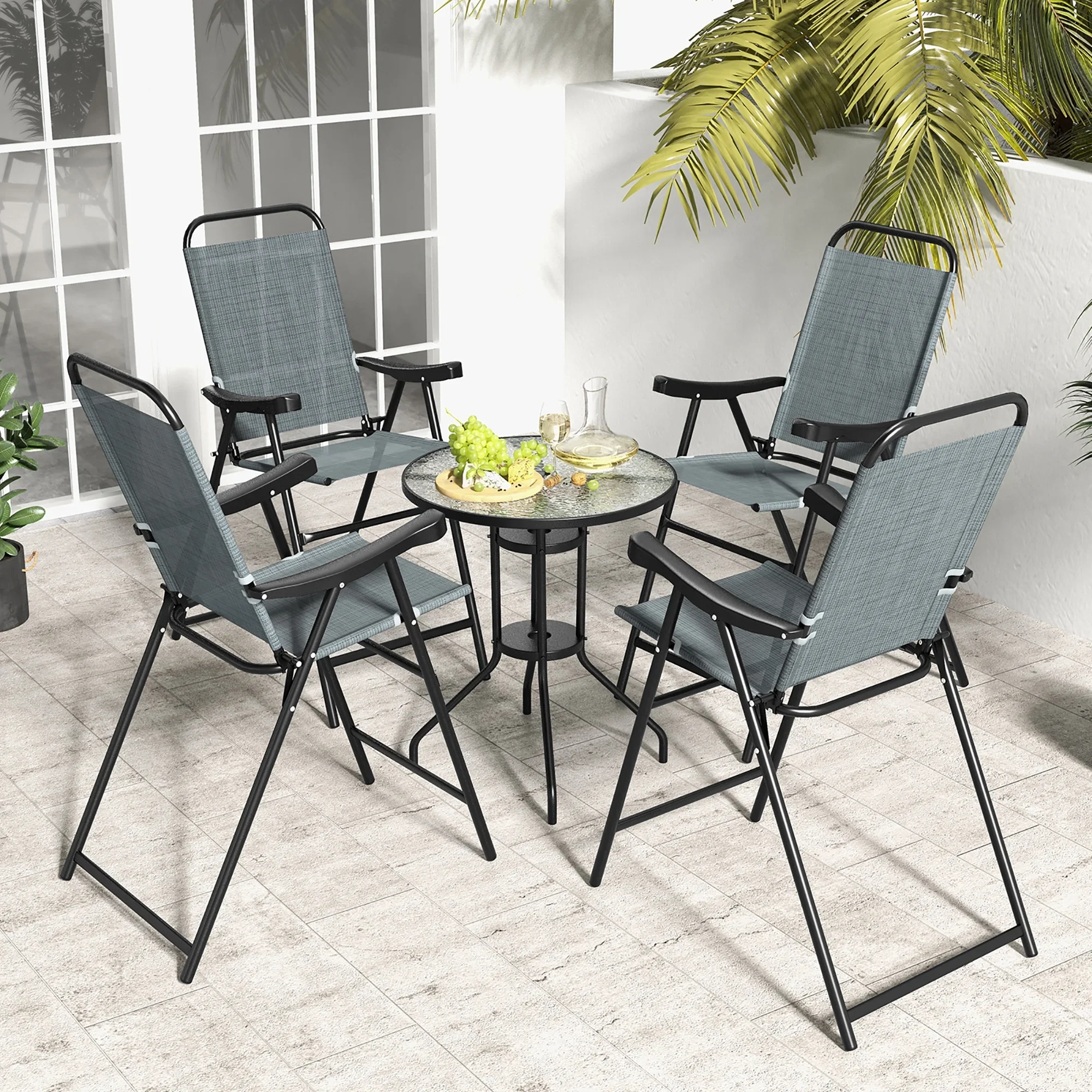 Gymax 4 PCS Patio Bar Chair Folding Bar Height Metal Frame w/ Footrest Garden Blue