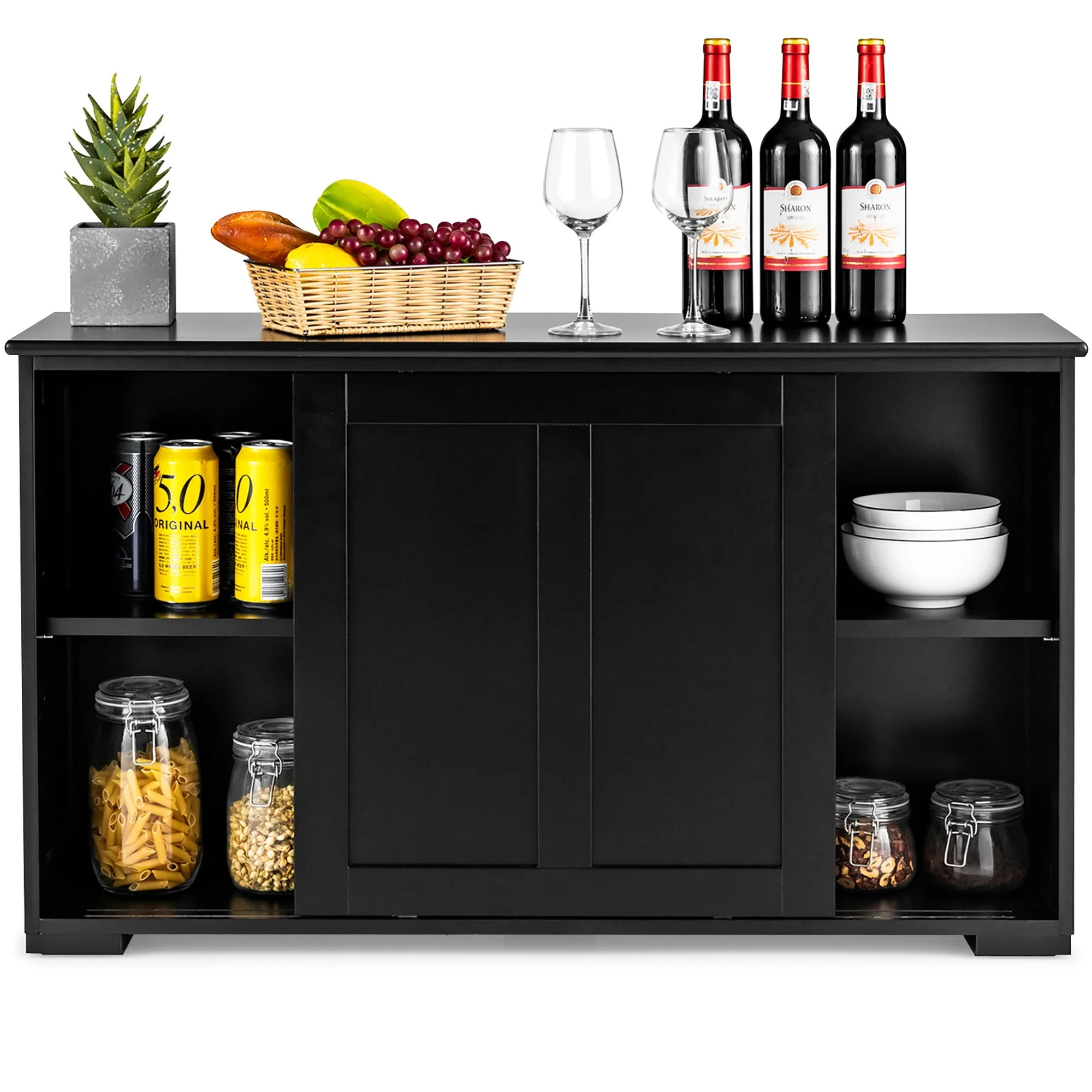 Costway Kitchen Storage Cabinet Sideboard Buffet Cupboard Wood Sliding Door Pantry Black