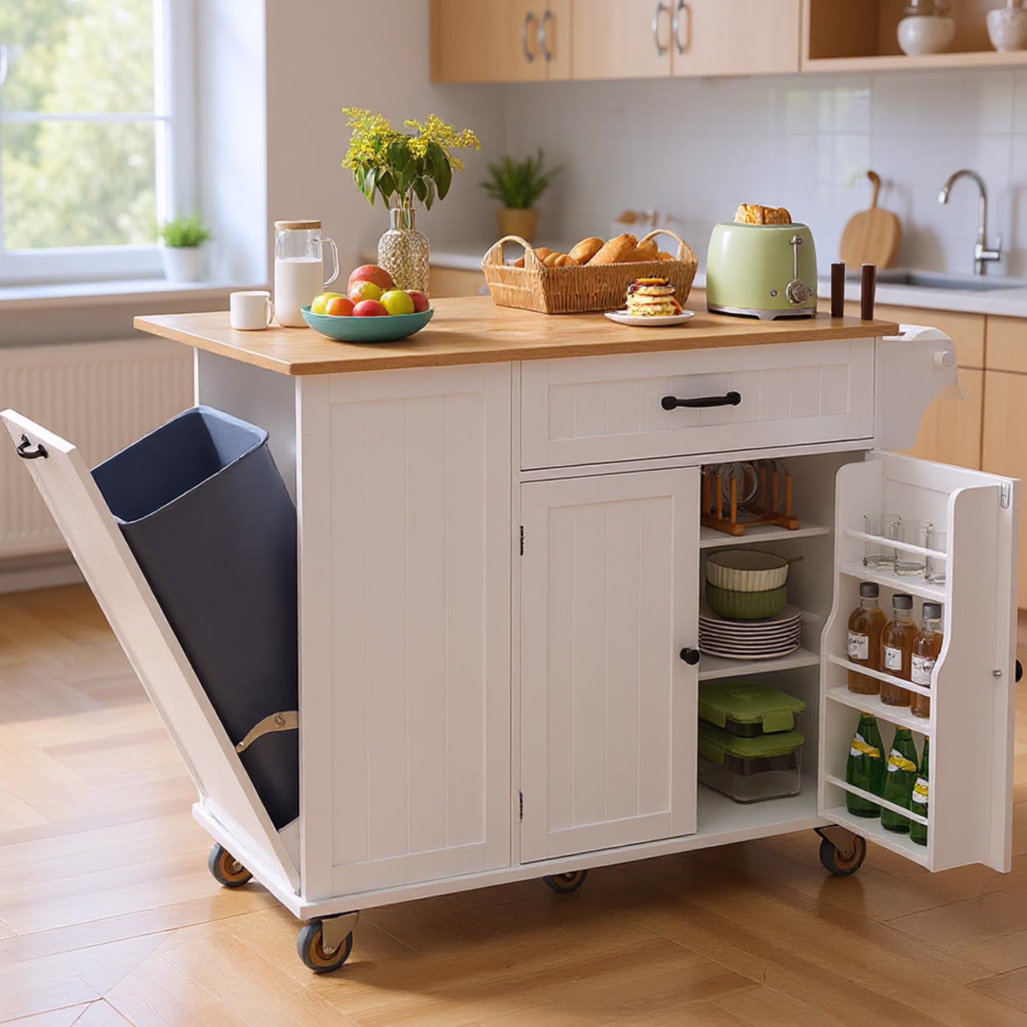 Rolling Kitchen Island with Drop Leaf Table and Hidden Trash Cabinet, Mobile Kitchen Cart with Storage Drawer, Adjustable Shelves Rubberwood Countertop on Wheels, White(White with Hidden Trash)