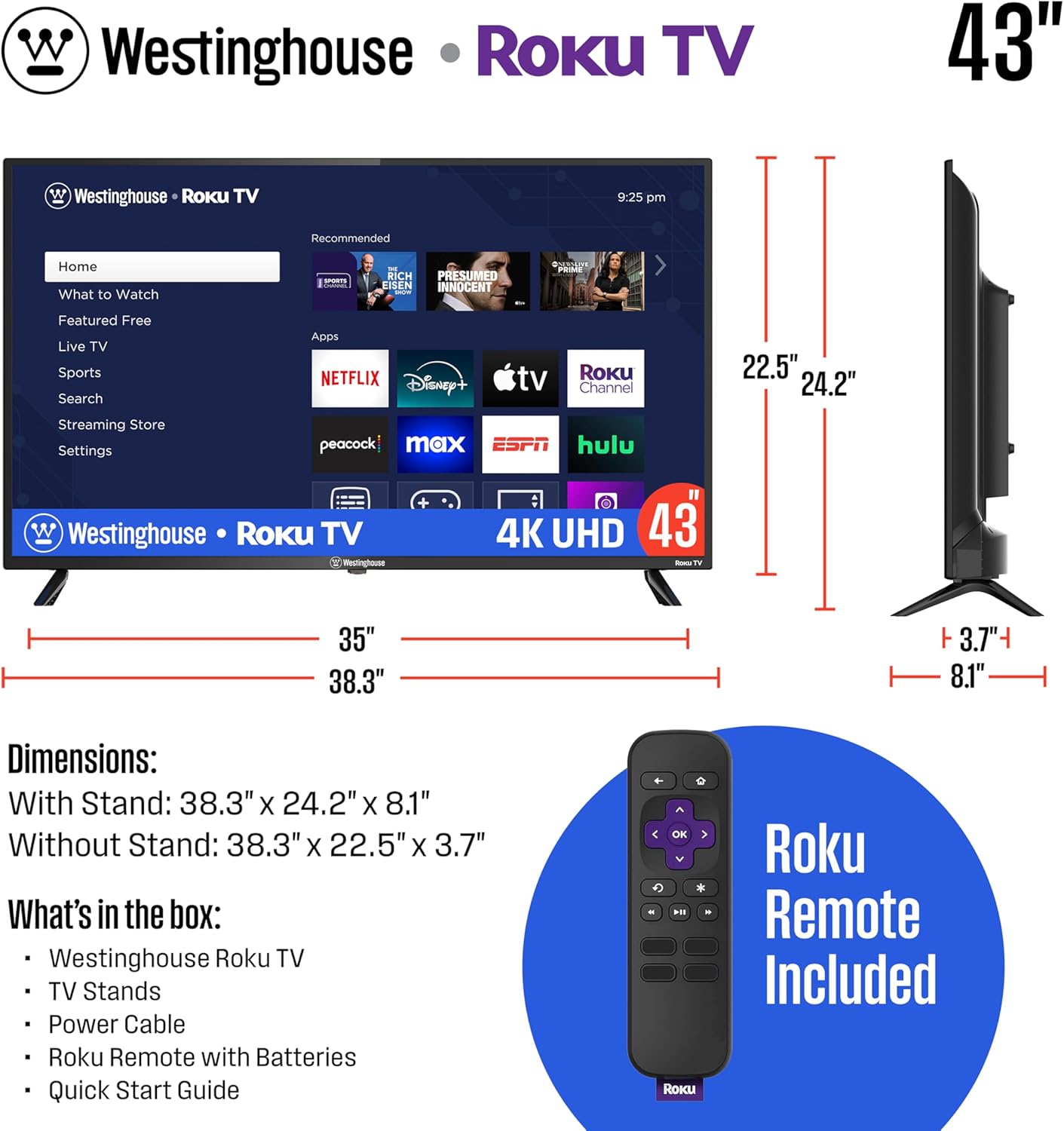 Westinghouse Roku TV - 43 Inch Smart TV  4K UHD Television with Wi-Fi Connectivity and Mobile App  Flat Screen  Bluetooth  Compatible with Apple AirPlay  Alexa and Google Assistant