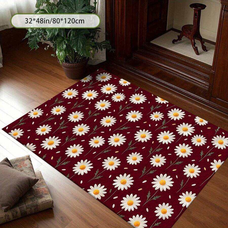 Modern Burgundy & Daisy Print Area Mat - Machine Washable Soft Pile With Non-Slip Rubber Backing, Red/ Floral Mat For Living Room, Bedroom, Hallway - wanlinfang