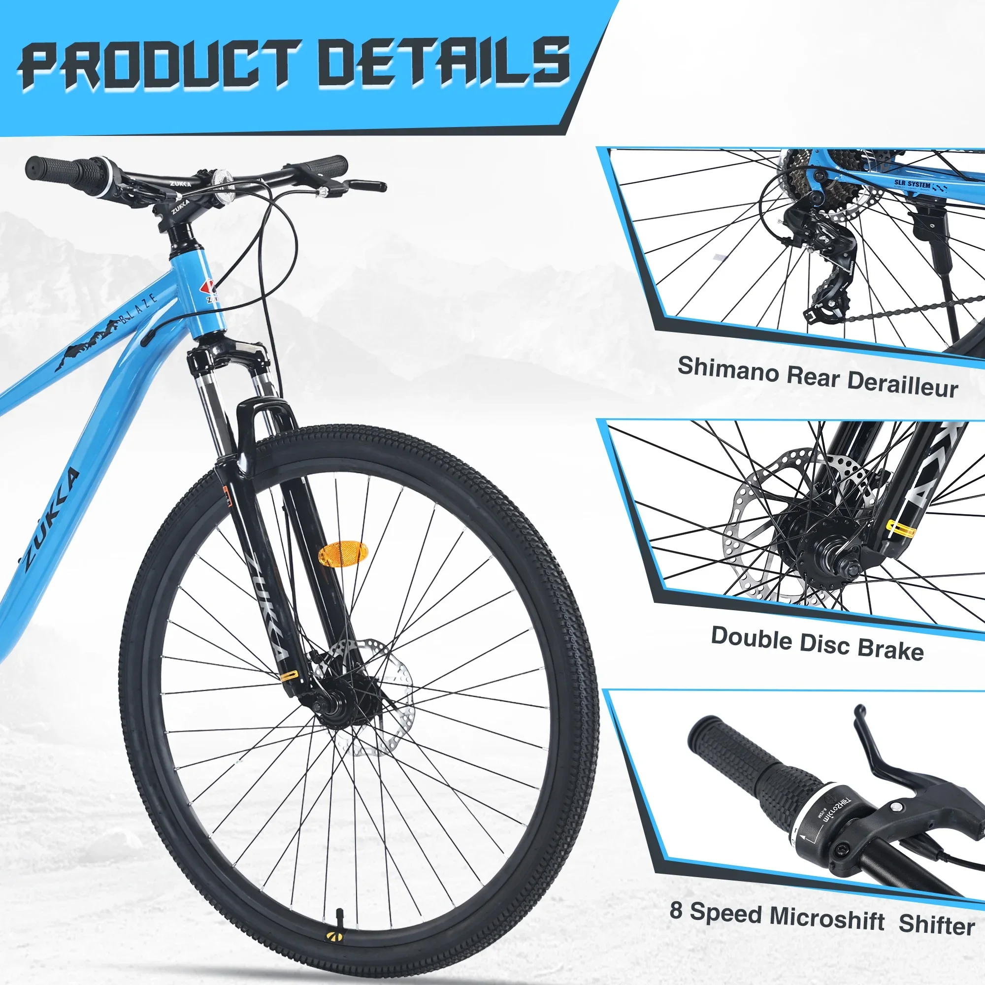 CASEMIOL 29 Inch Wheels Mountain Bike, Shimano 8 Speed Bicycle with Double Disc Brakes, Outdoor Road Cycling Bike with Front Suspension Fork, All Terrain Bikes for Men/Women Adult, Blue