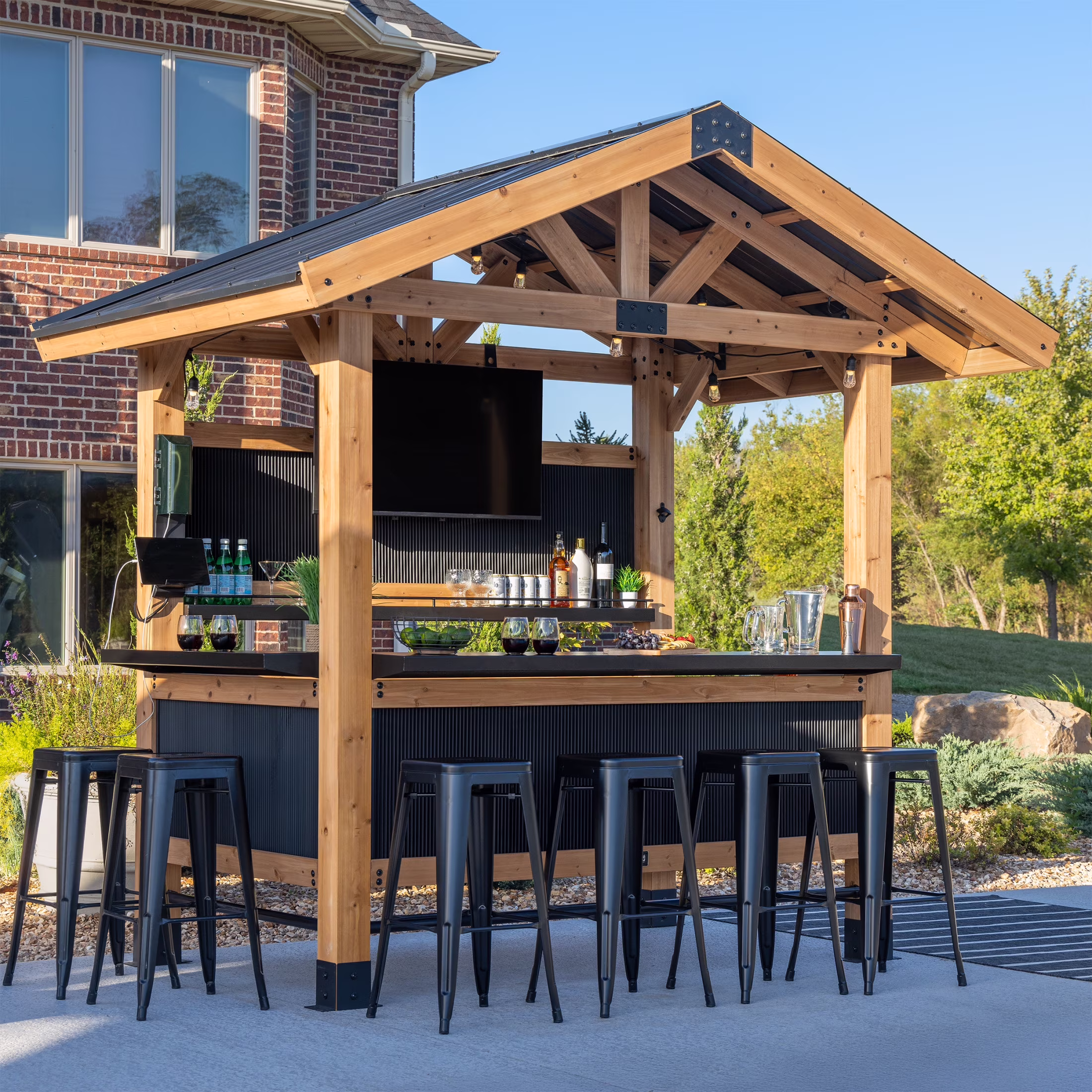 Backyard Discovery Palisade 9'X6' Cedar Wood Outdoor Bar, Galvanized Steel Roof, Bar Tops