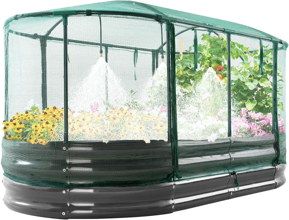 Kit de jardinière avec système d'arrosage automatique et couverture en filet, grand bac à fleurs ovale en métal pour légumes, herbes aromatiques et fleurs, 180 x 90 x 30 cm