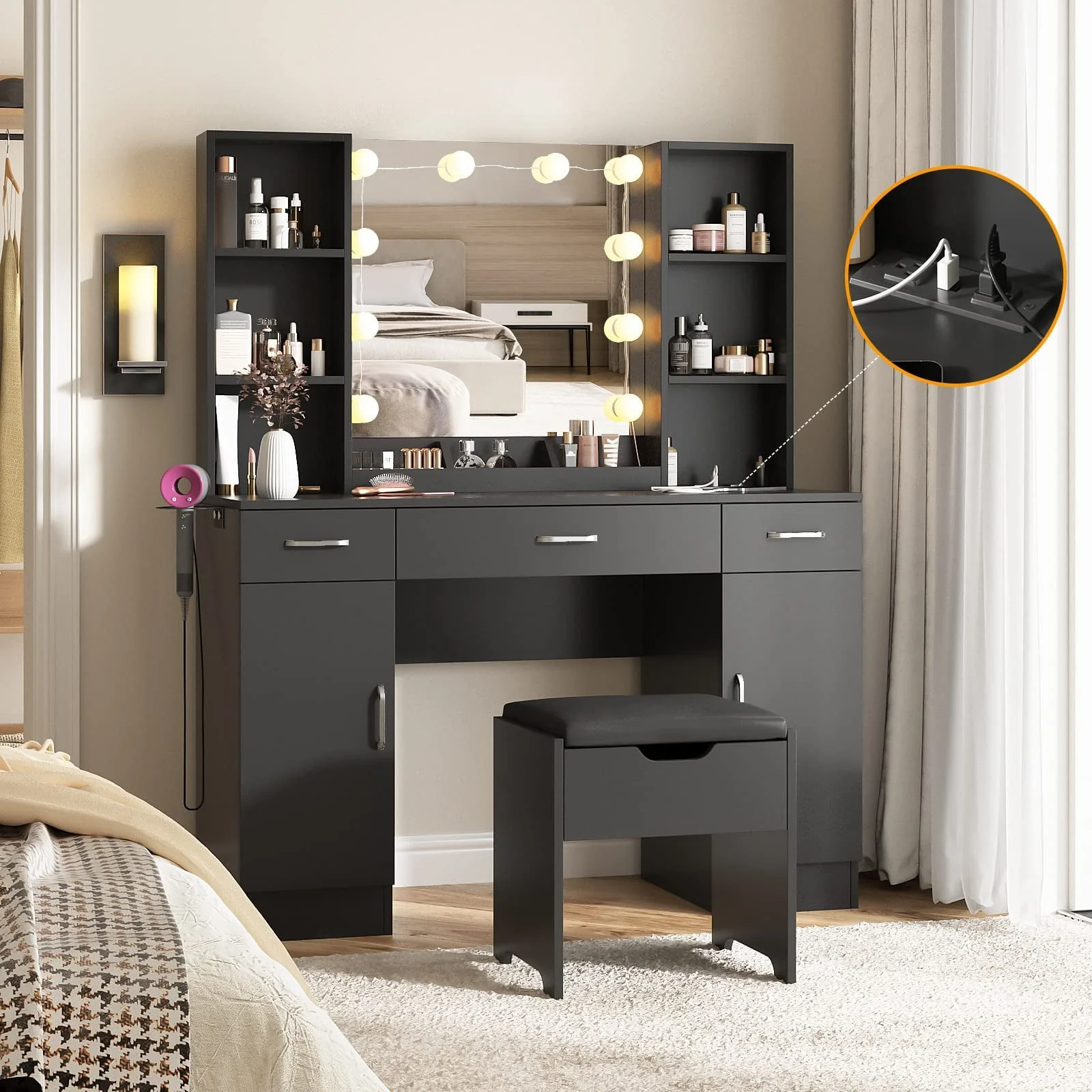 Large Makeup Vanity Set with Lights, White Bedroom Makeup Vanity Table with Storage, 3 Adjustable Lighting Colors, Modern, 45.2in(Black)