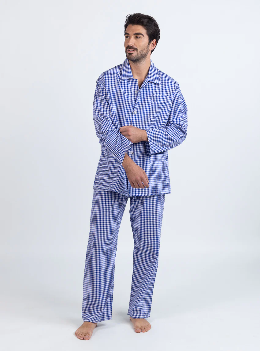 Pyjama homme en coton carreaux bleus