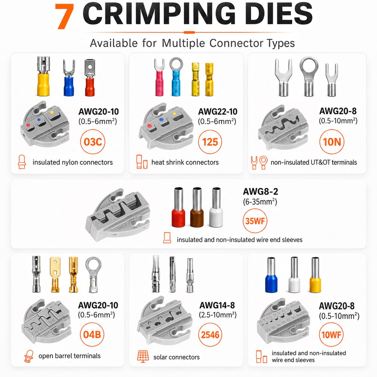 9PCS Ratcheting Wire Crimper Kit, Ferrule Crimping Tool Set with 7 Quick-Change Dies and Wire Stripper for Heat Shrink, Insulated, Non-Insulated, Open Barrel and PV Cable Connectors