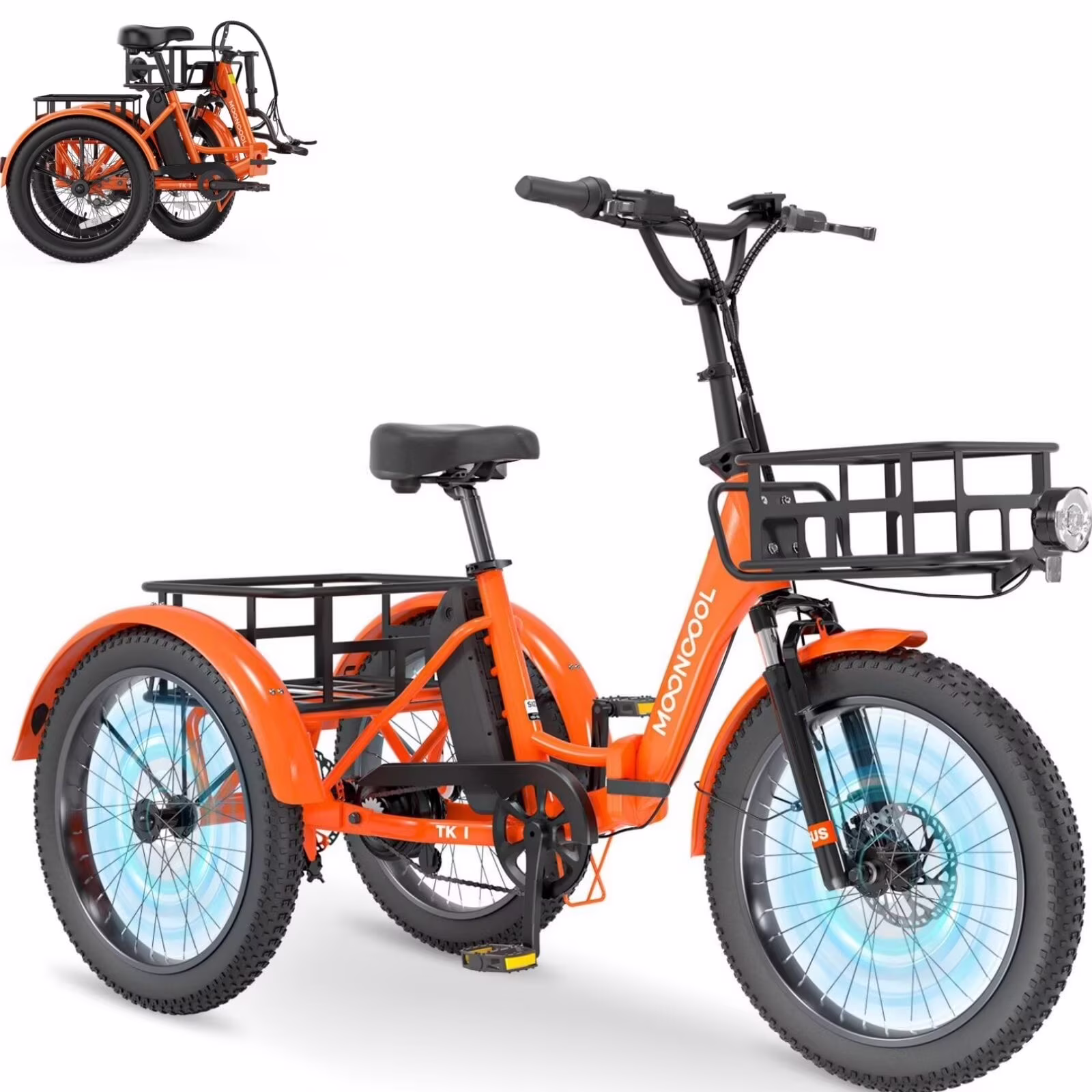 TK1 Folding Electric Tricycle for Adults,48V 14.5Ah Removable battery, 500W��Peak 1000w��Motor, 20" Fat Tire Step-Thru 3Wheel Electric Bicycle w/FrontRear Baskets, Certified to UL 2849 by SGS(Orange)