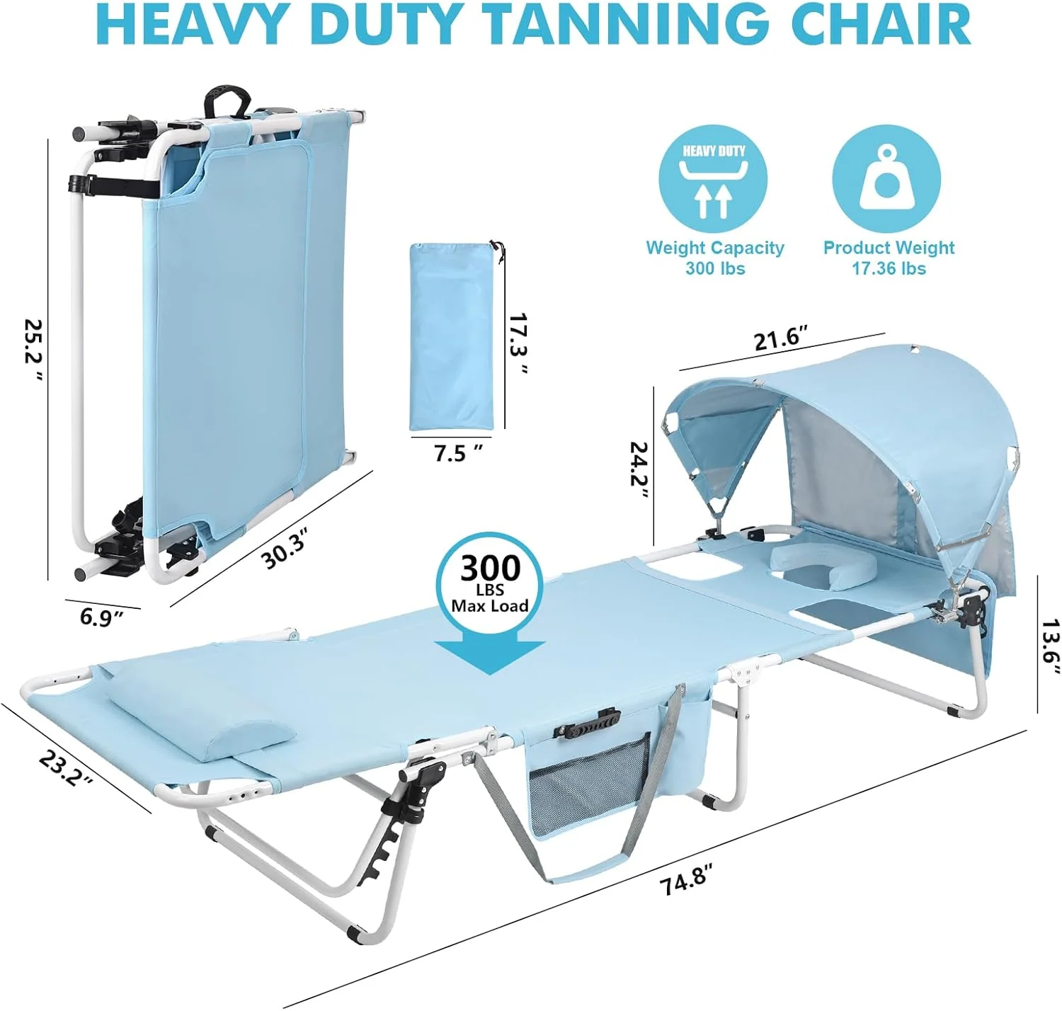 Chaise longue pliante robuste avec pare-soleil et ouverture pour le visage, inclinable en 5 positions, idéale pour adultes en extérieur (lecture, bronzage, piscine, camping, plage), protection solaire UPF 50+, supporte jusqu'à 136 kg.