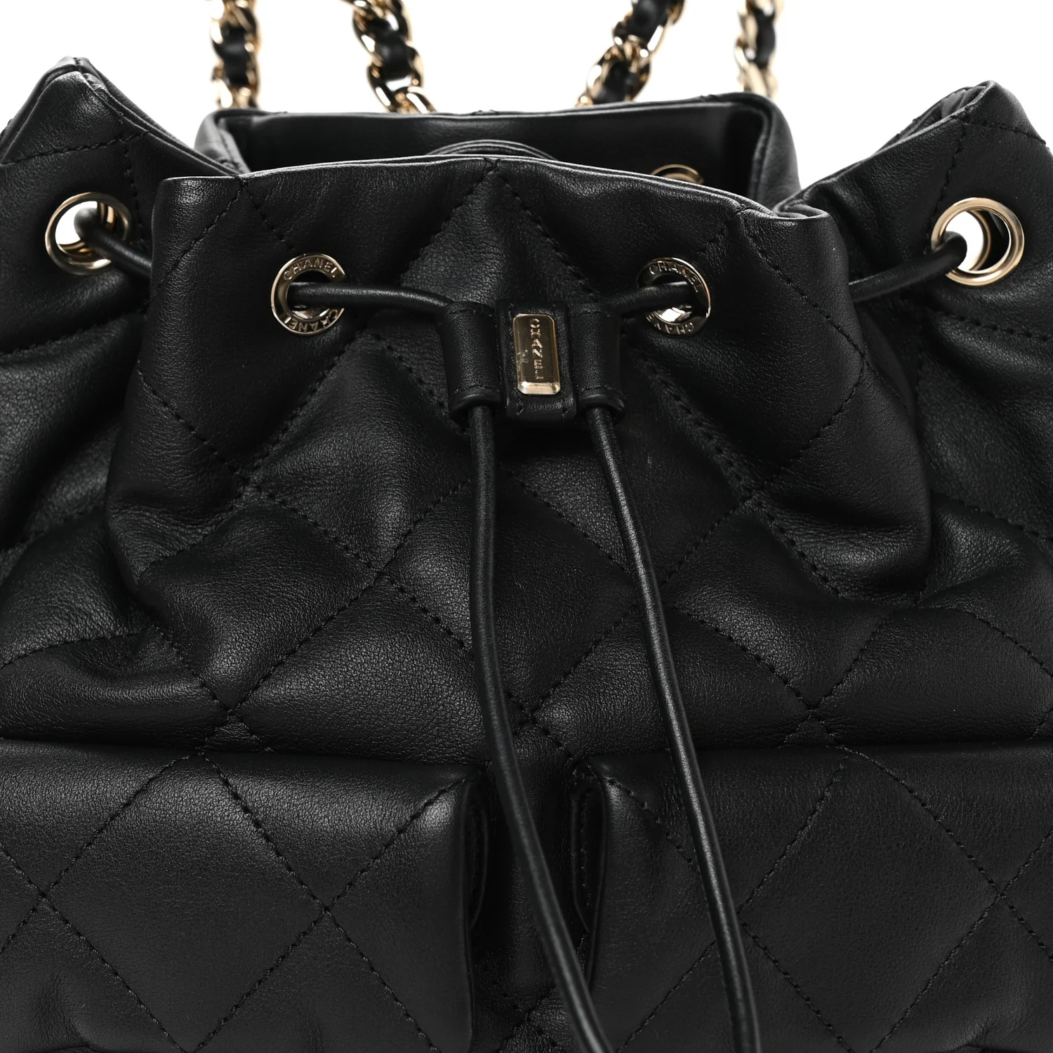 Lambskin Quilted Double Pocket Drawstring Backpack Black