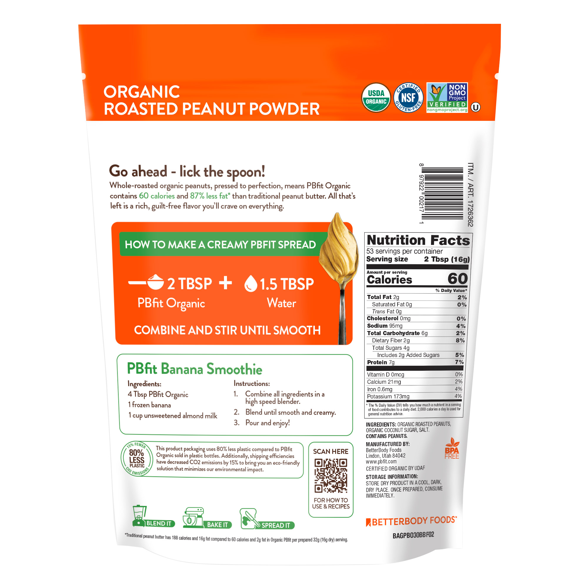 Pbfit Organic Peanut Butter Powder, 30 oz