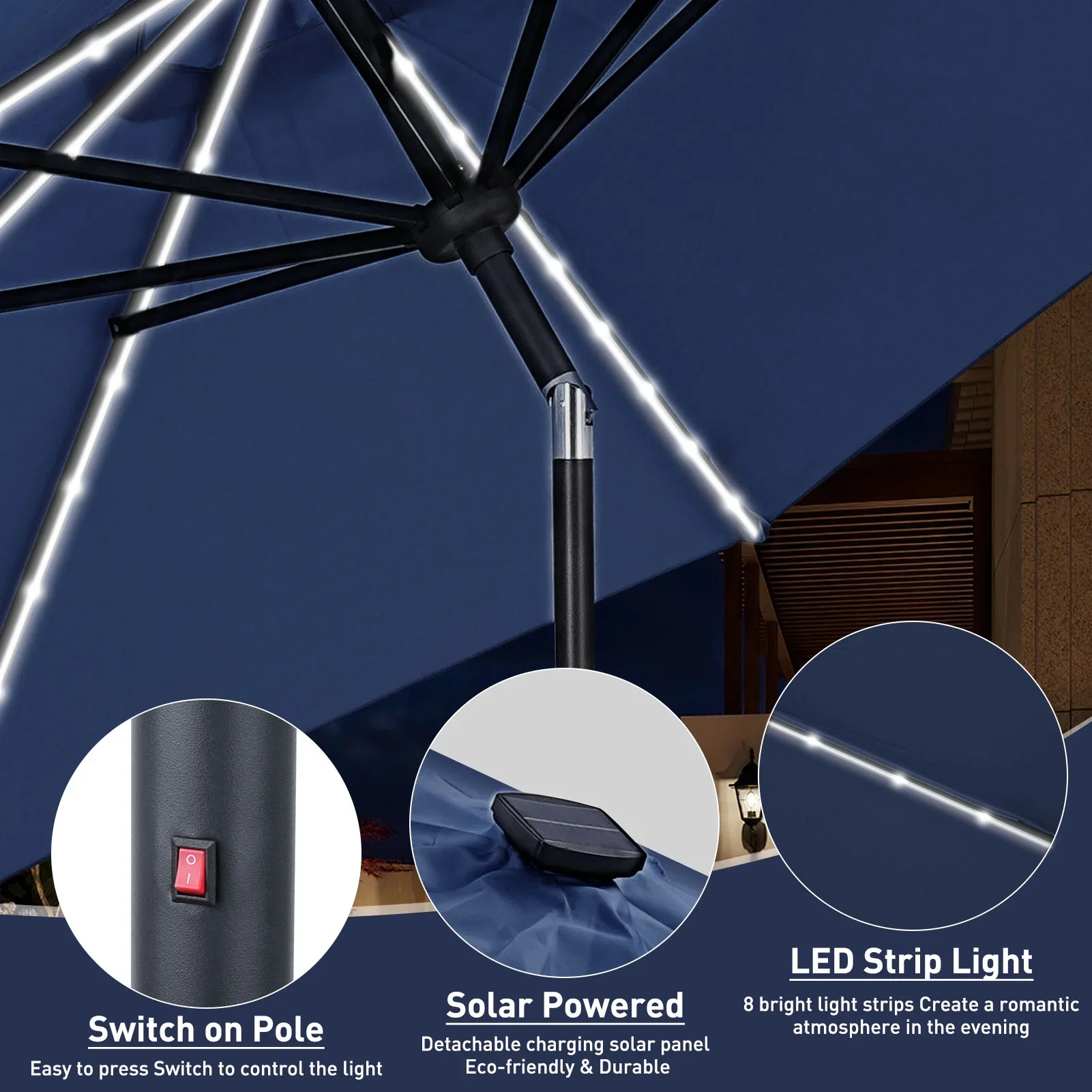 Autlaycil 10 FT Solar LED Lighted Patio Umbrella with LED Table Umbrella with 8 LED Strip Lights, Fade-resistant & Waterproof for Garden, Backyard, Poolside, Push Button Tilt (Blue)