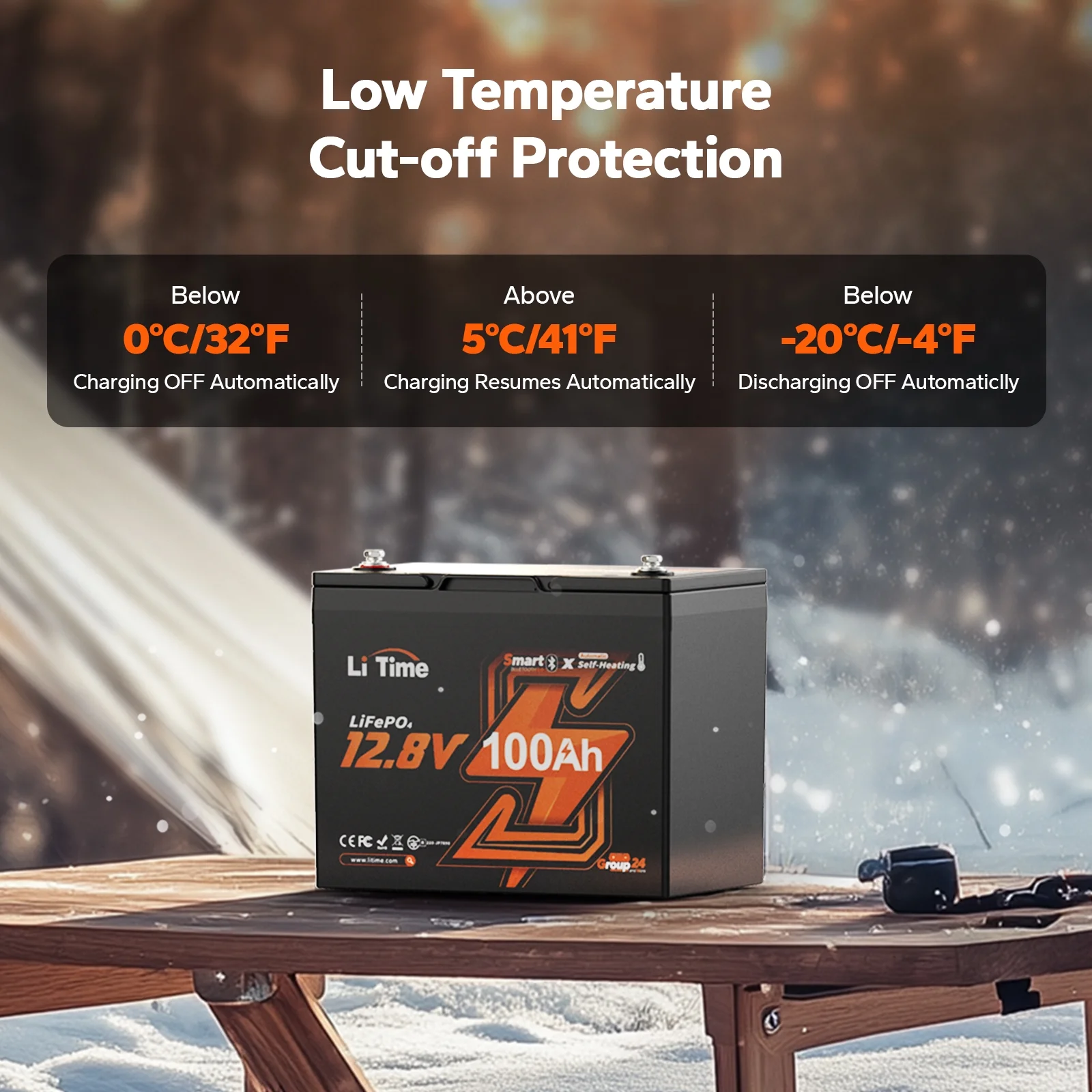 LiTime 12V 100Ah Group 24 Bluetooth LiFePO4 Lithium Deep Cycle Battery with Self Heating