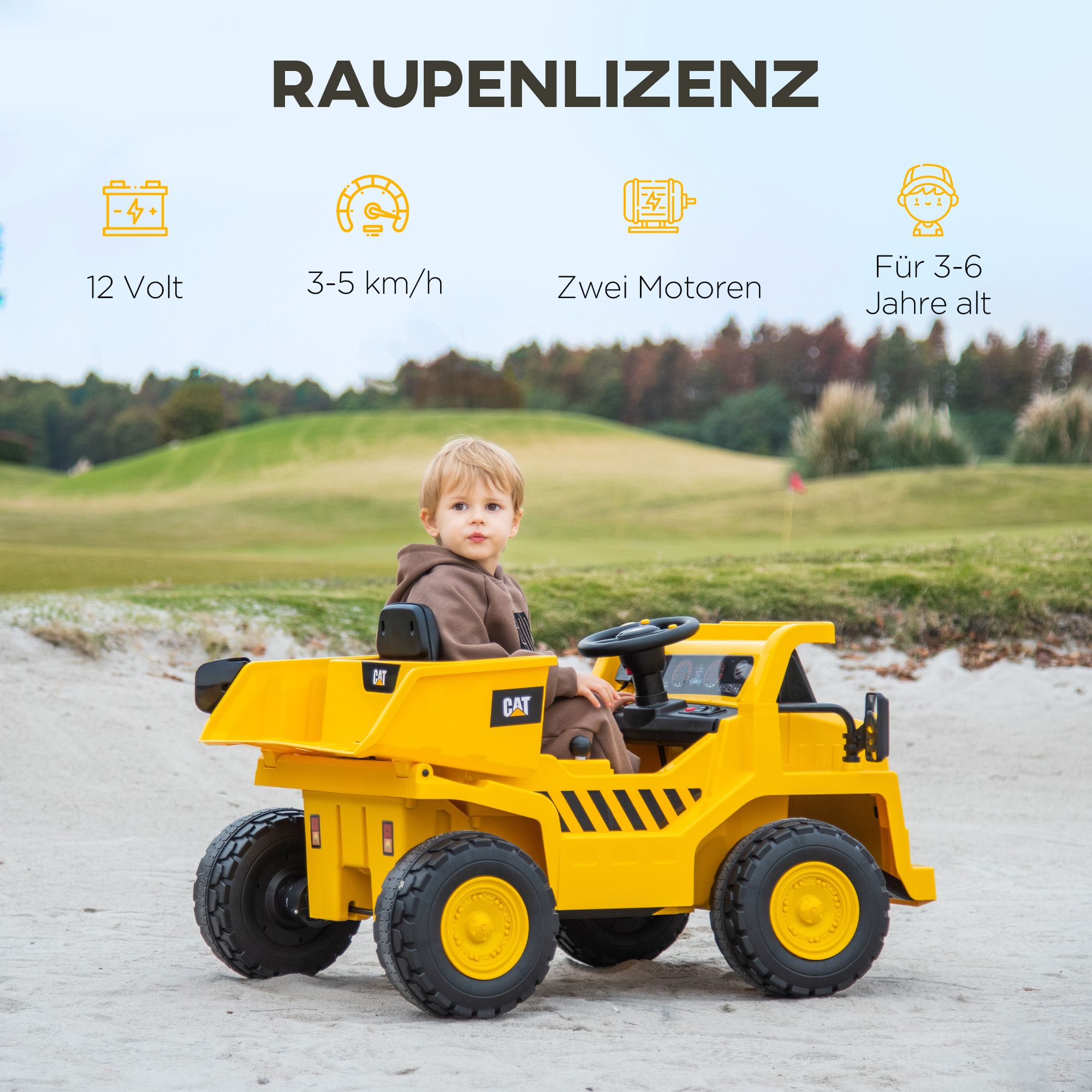 AIYAPLAY Elektrische Kindergraafmachine, Caterpillar Kipper, 3-5 km/u, met Afstandsbediening, 3-6 Jaar, Geel