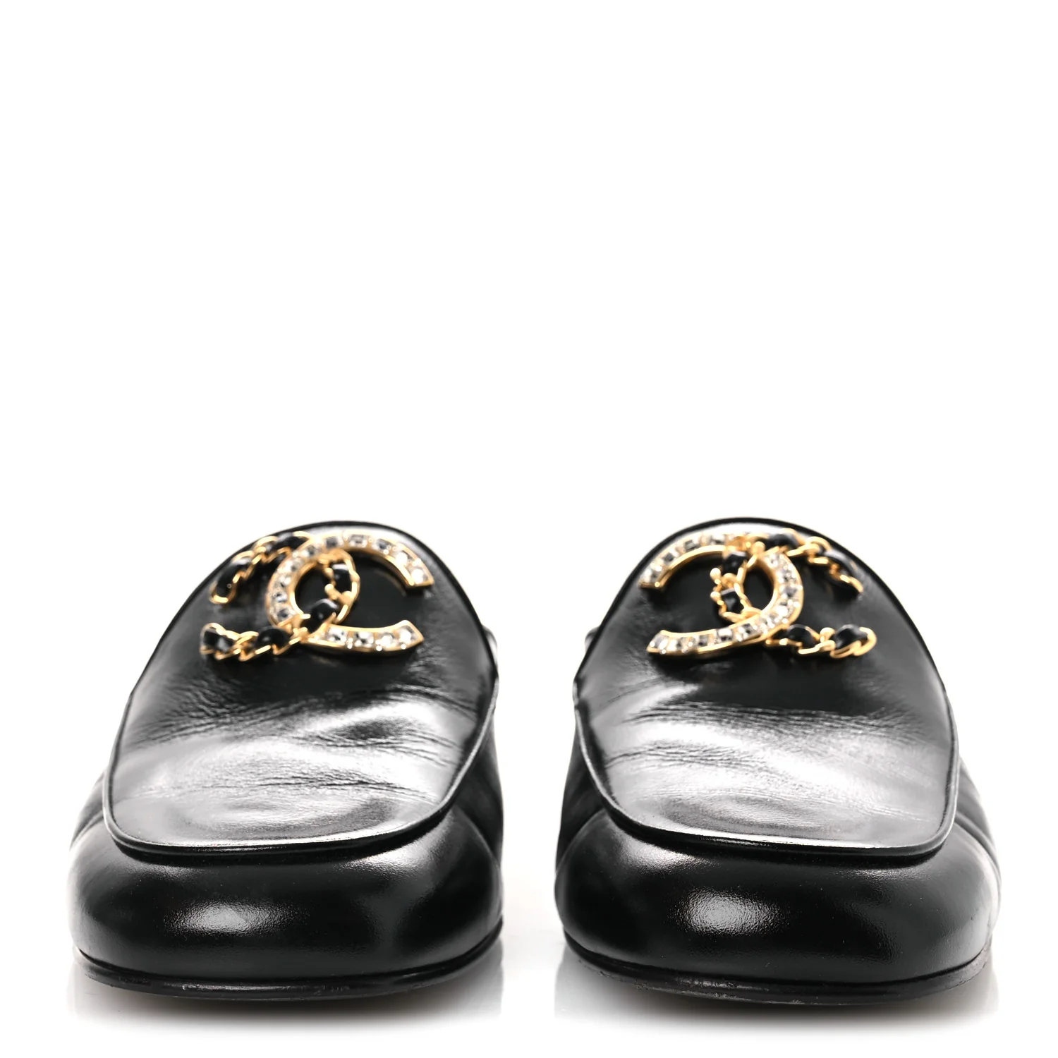 Shiny Calfskin Crystal CC Mules 41 Black