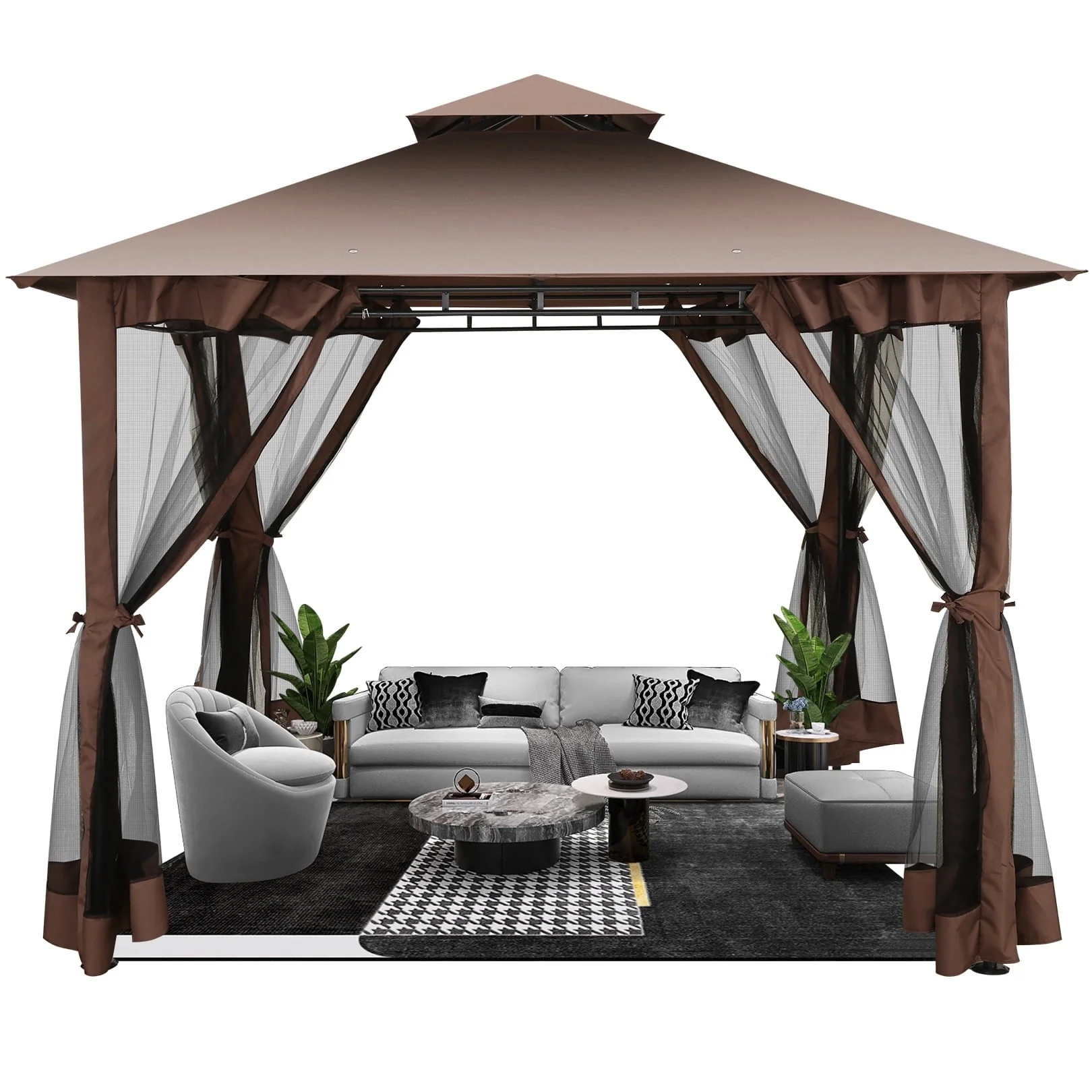 SANOPY 10' X10' Canopy Gazebo, Assembled Style Wrought Iron Gazebo Tent Can Accommodate 6 - 10 People with 4 Detachable Mosquito Net Side Walls, Rainproof&Sunproof Canopy Tent for Garden, Yard, Beach