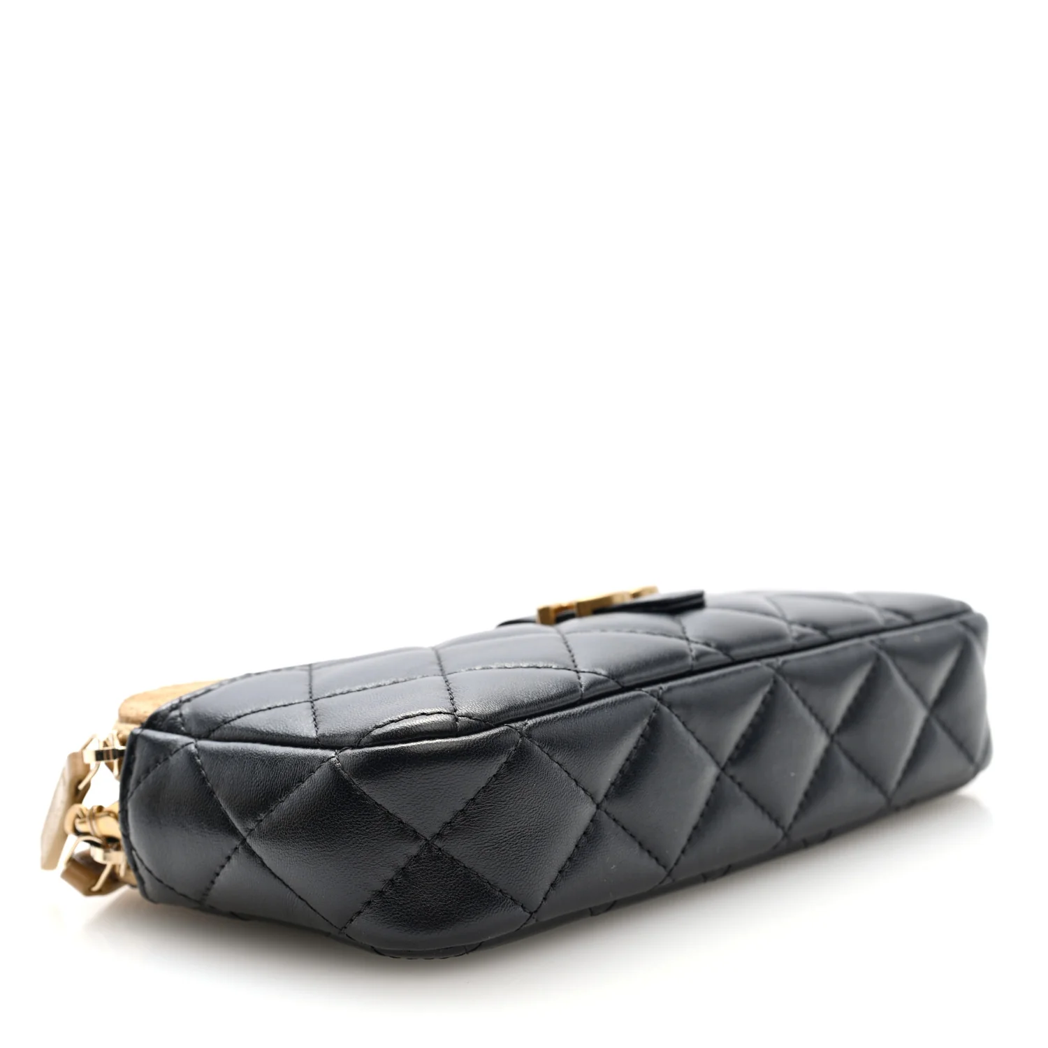 Suede Shiny Lambskin Quilted Phone Holder With Chain Black Beige