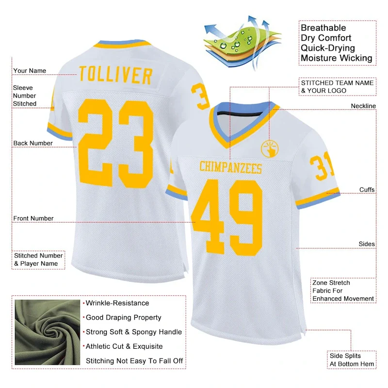 Custom White Gold-Light Blue Mesh Authentic Throwback rugby jersey