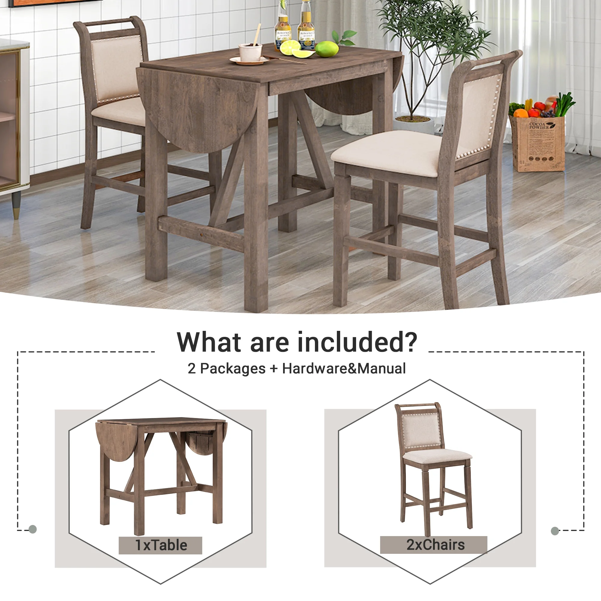 3 Piece Wood Folding Dining Table Set Drop Leaf Table with 2 Padded Counter Height Dining Chairs for Small Place, Brown(Brown) - Image 7