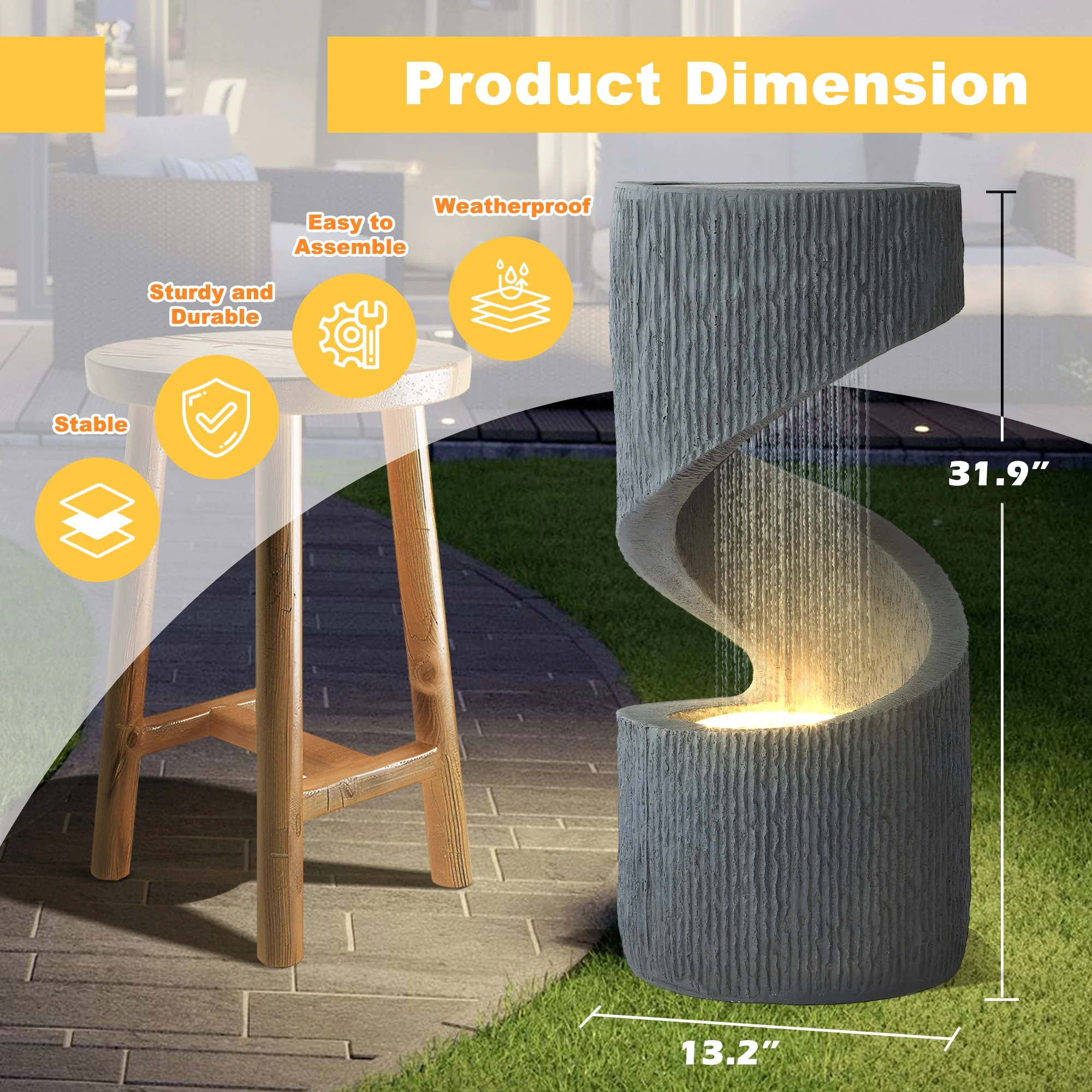 Outdoor S-Shaped Water Fountain, Spiral Waterfall Indoor Fountain Outside Garden Decor with LED Lights Pump, Curved Patio Resin Fountains for Yard, Deck, Porch and Home Decorations - Image 3