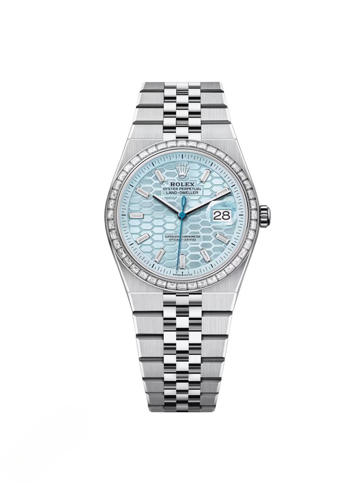 【Super Clone】RLX Land-Dweller 127286TBR-0001 Blue Honeycomb Dial Diamond Platinum Jubilee Bracelet 36mm